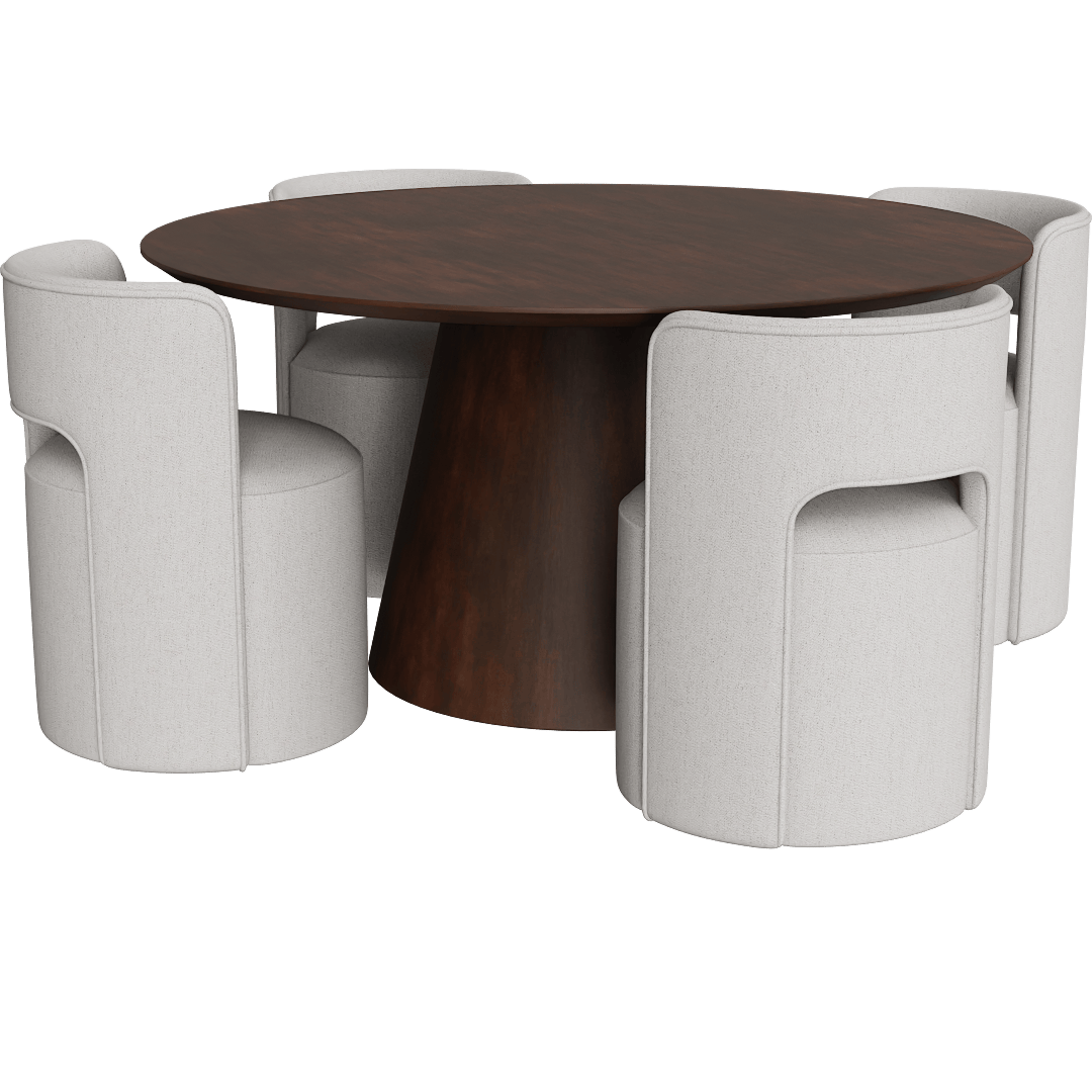 Draper Walnut Mid-Century Modern Round 59 Pedestal Dining Table With Mika Cream Upholstered Cut Out Curved Back Barrel Dining Chair With Wheels Set For 4