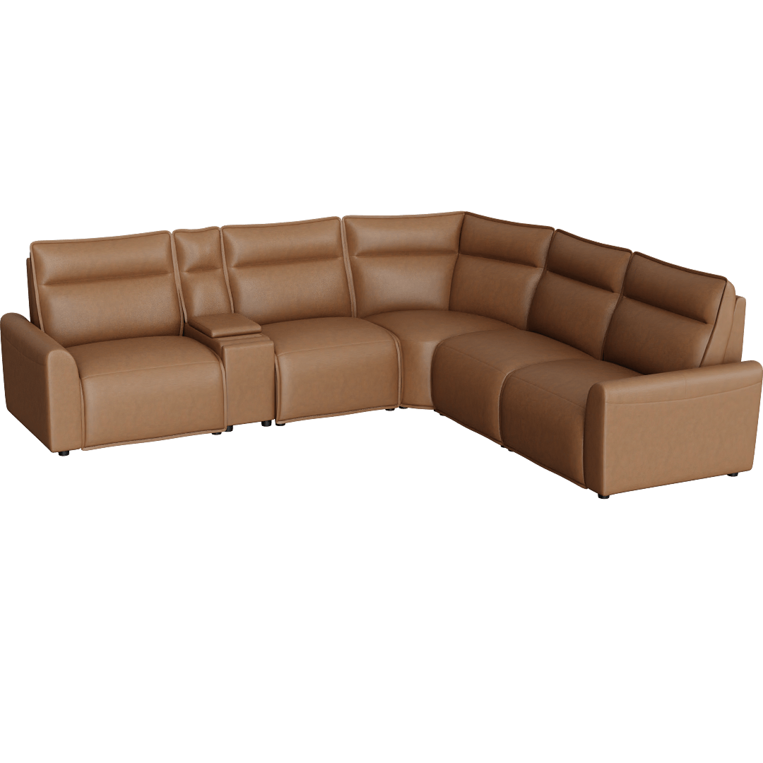 Trenton 132" 6 Piece Power Reclining L-Shaped Modular Sectional with Console Power Headrest Wireless Charging Storage Pop Out Cupholders & USB, Saddle Brown Leather