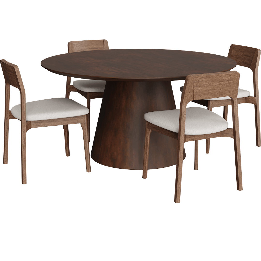 Draper Walnut Mid-Century Modern Round 59 Pedestal Dining Table With Casey Walnut Wood Upholstered Open Back Dining Chair Set For 4