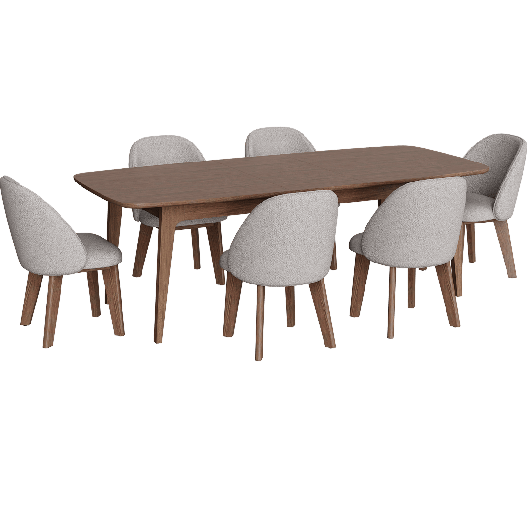 Casey Walnut Wood Self Storing Butterfly Leaf Extendable 72-90 Rectangular Dining Table With Draper Walnut Mid-Century Modern Curved Back Grey Boucle Fabric Dining Chair Set For 6