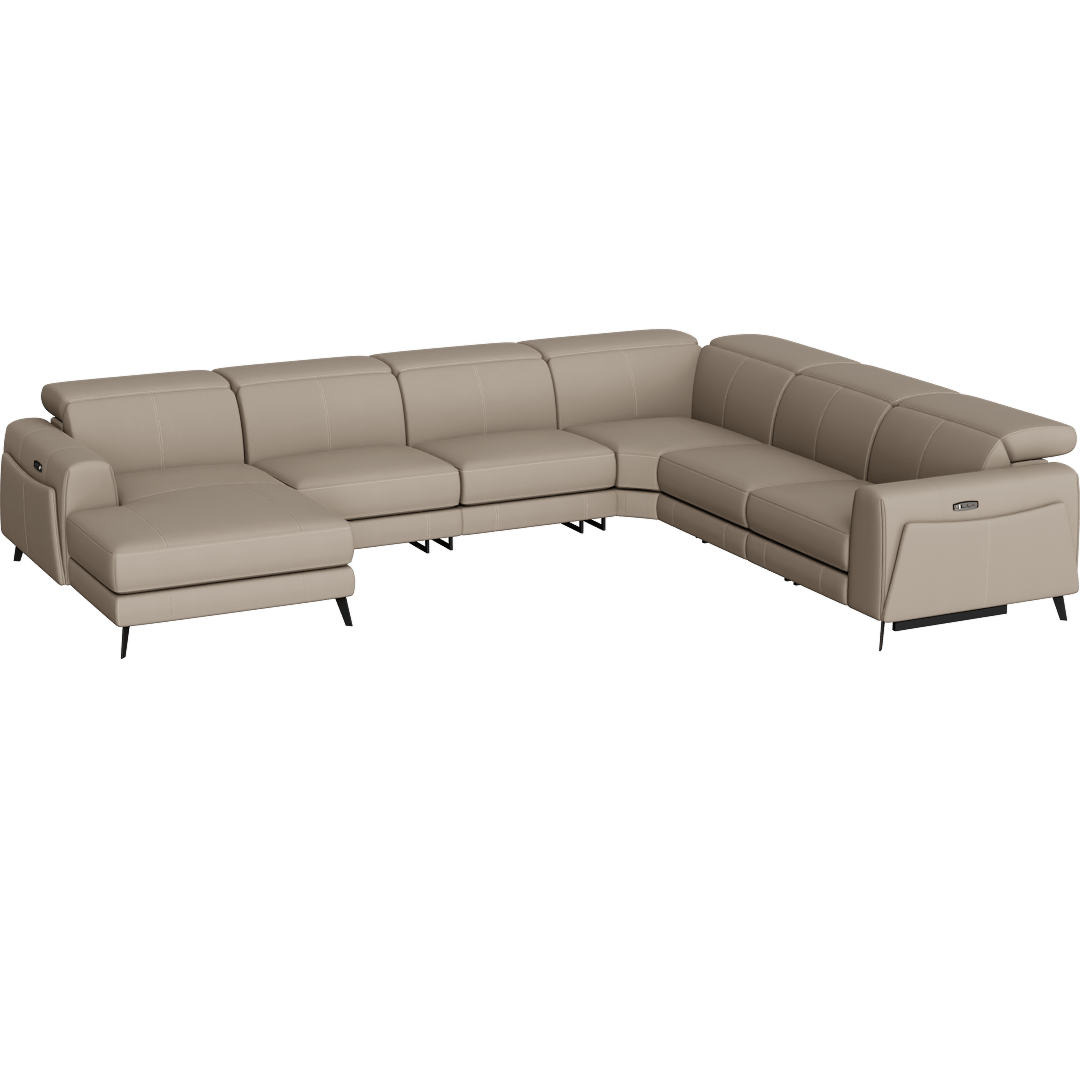 Cullen 143 6 Piece Power Zero Gravity Reclining Modular Sectional With 2 Armless Chairs Left Arm Facing Chaise Power Headrest Storage Hidden Cupholders & USB, Taupe Beige Leather