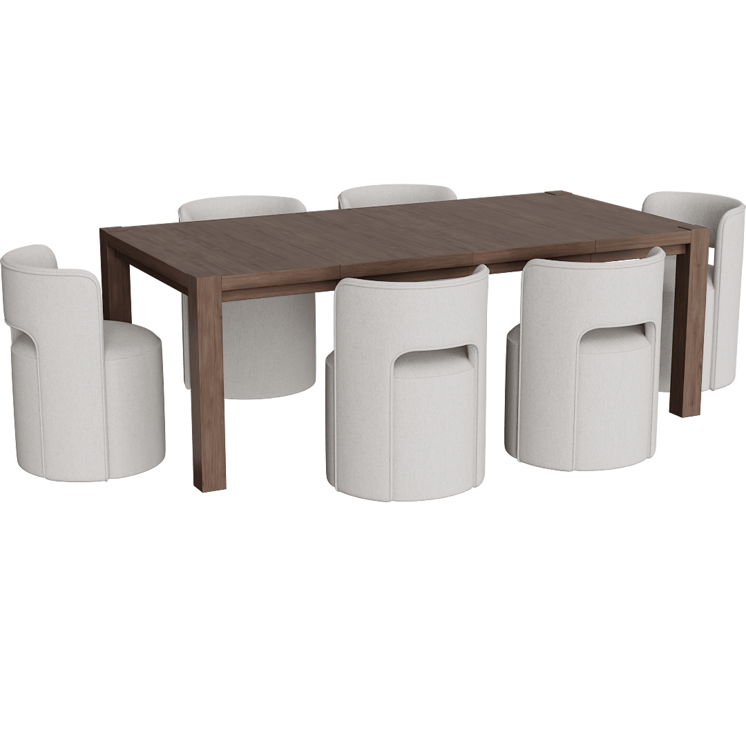 Sawyer Brown Walnut Wood 68-88'' Extendable Rectangular Parsons Dining Table With Mika Cream Upholstered Cut Out Curved Back Barrel Dining Chair With Wheels Set For 6
