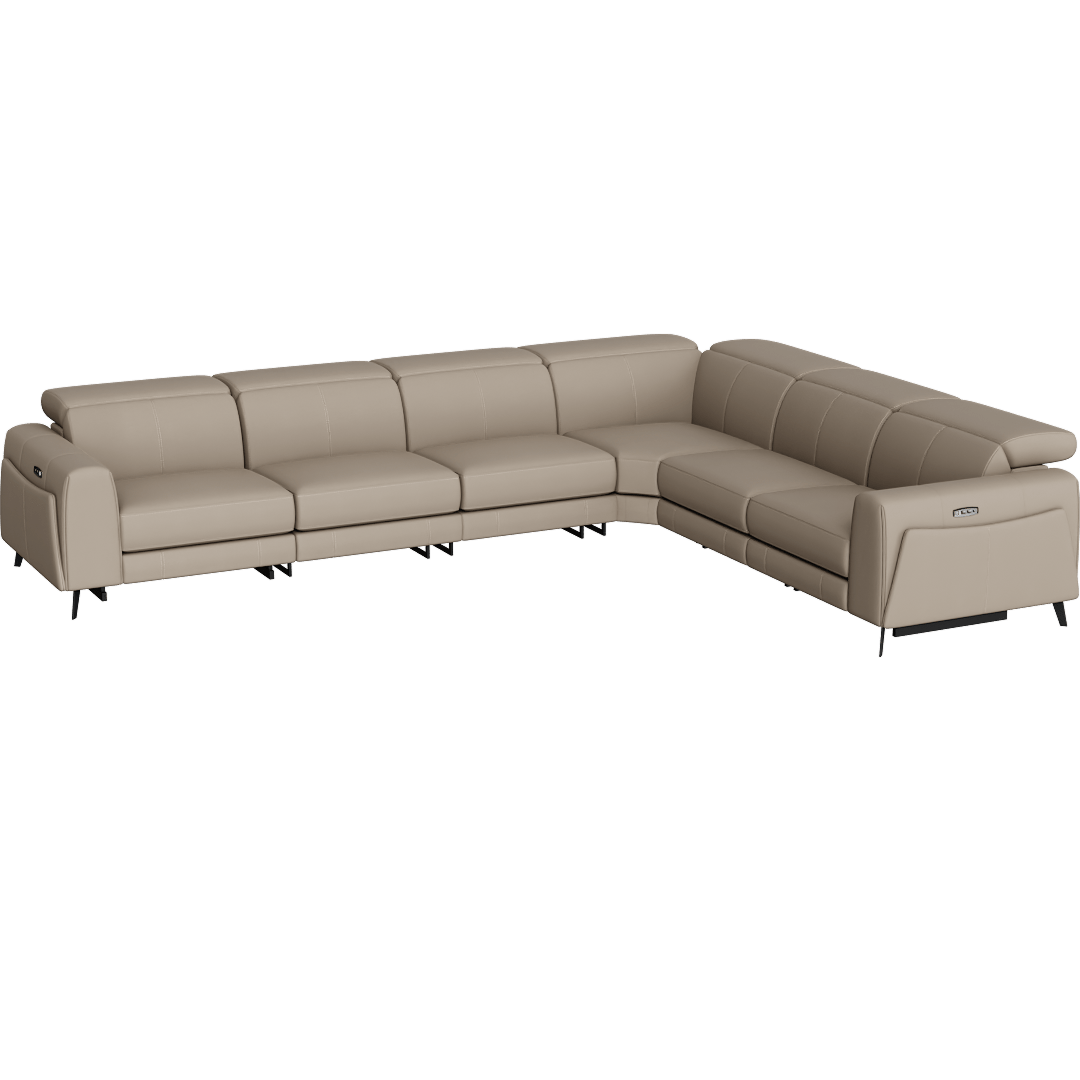 Cullen Taupe Beige Leather 143" 6 Piece Power Zero Gravity Reclining Modular Sectional With Armless Chair Power Headrest Storage Hidden Cupholders & USB