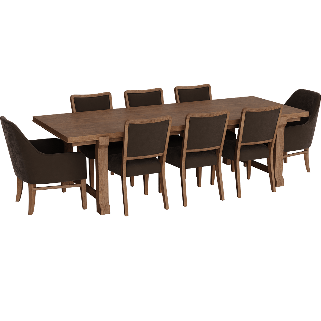 Estate Brown Wood 80"-104" Extendable Dining W/ Uph Host + Uph Side Chair Set For 8 By Nate Berkus + Jeremiah Brent, Rectangle
