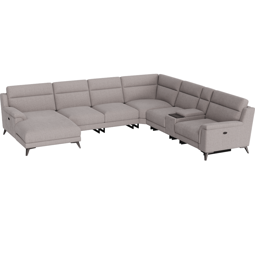 Felix Grey 141" 7 Piece Power Reclining Modular Sectional With Storage Console Left Arm Facing Chaise Wireless Charging Cupholders & USB