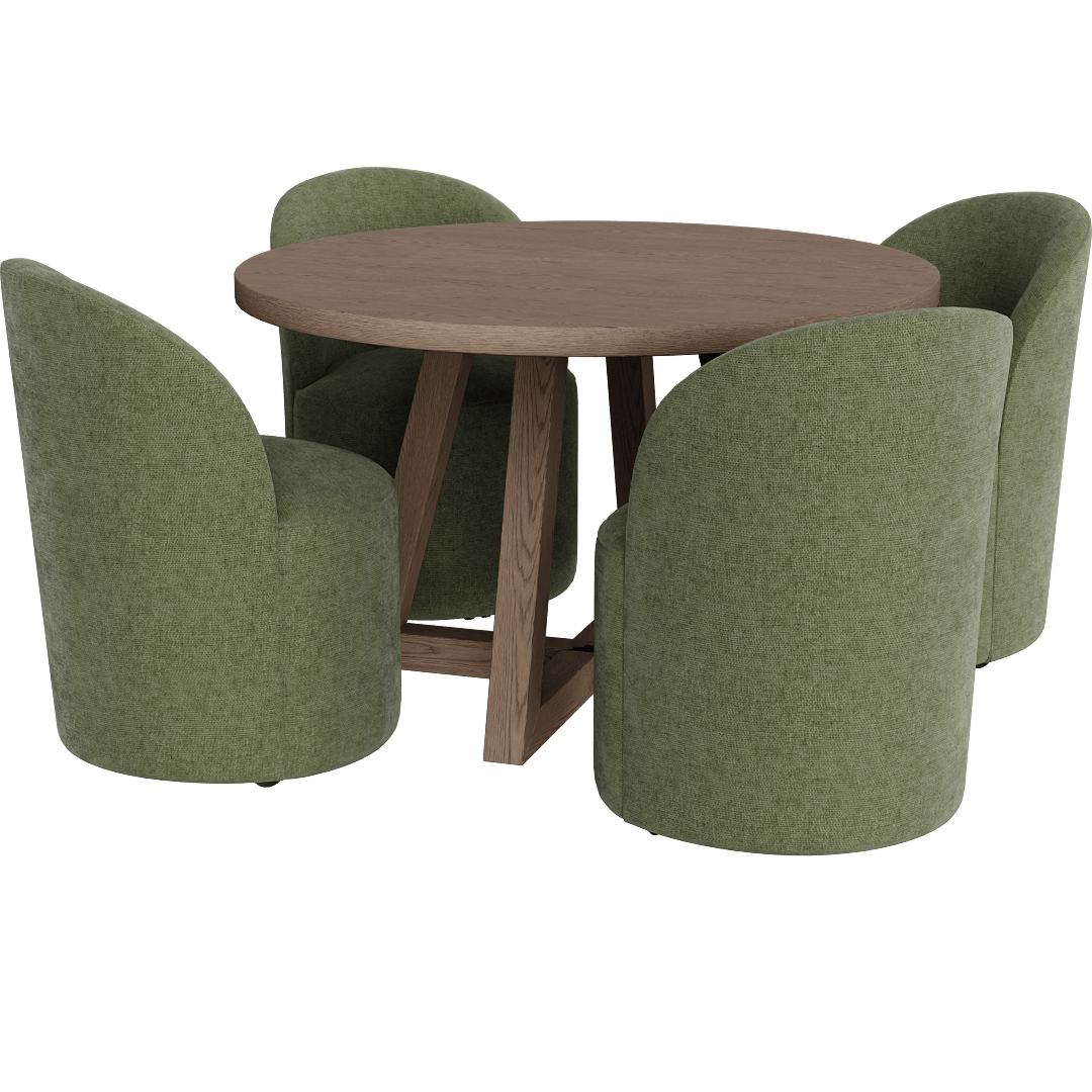 Lakeland Natural Brown Wood 48 Round Kitchen Pedestal Dining Table With Mira Olive Modern Barrel Back Dining Chair With Wheels Set For 4