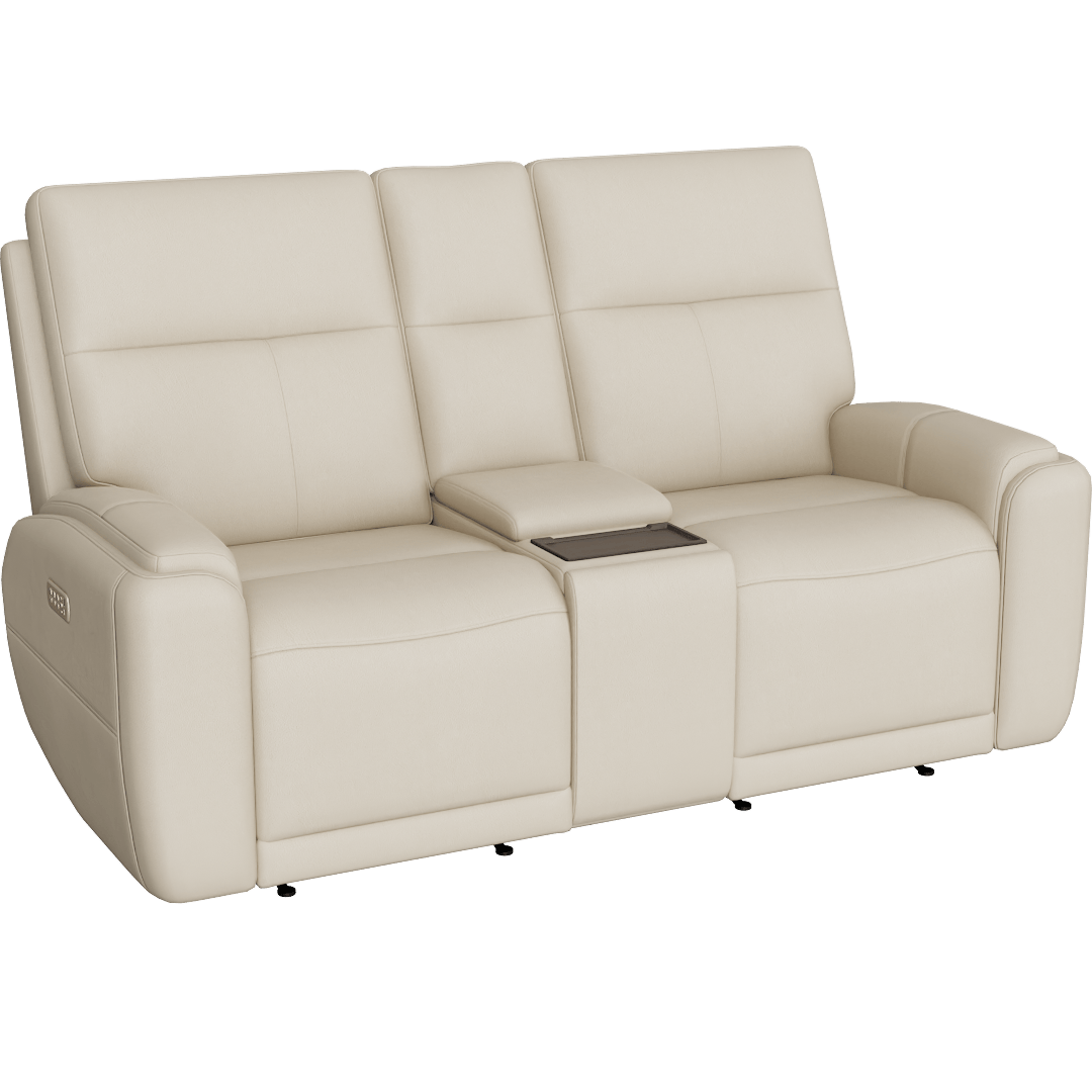 Kinsey Leather Flexsteel 75" Power Zero Gravity Reclining Console Loveseat With Power Headrest Power Lumbar Heat & Massage, Oyster