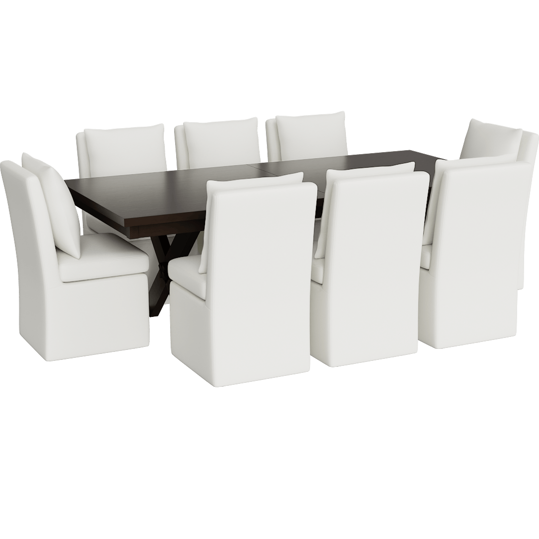 Pollie Brown Rectangular 72-90 Extendable Dining Table With Mara II Modern Cream Upholstered Armless Chair With Wheels Set For 8