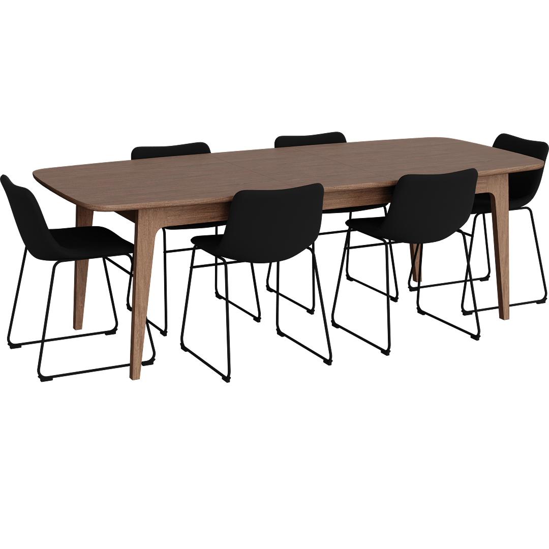 Casey Walnut Wood Self Storing Butterfly Leaf Extendable 72-90 Rectangular Dining Table With Cobbler Black Faux Leather Bucket Seat With Baseball Stitch Dining Side Chair Set For 6