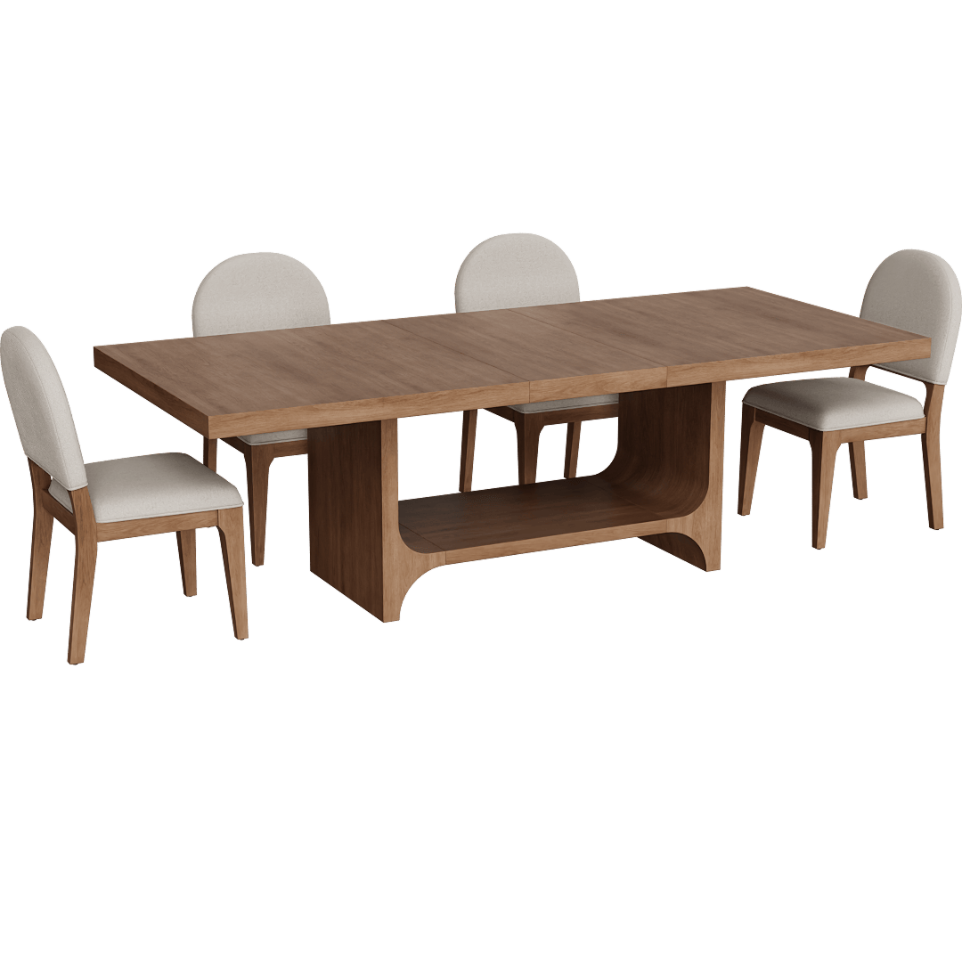 Westwood Brown + Cream Acacia Wood 78-96 Extendable Rectangular Pedestal Open Base Dining Table + Cream Upholstered Performance Fabric Curved Back Dining Chairs Set For 4