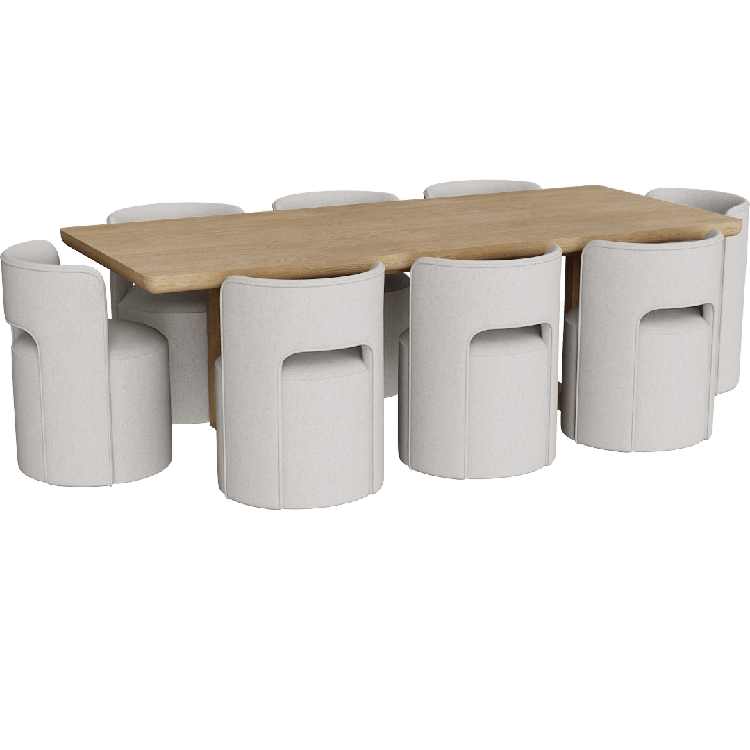 Mika Natural Oak 76-94 Extendable Dining Table With Mika Cream Upholstered Cut Out Curved Back Barrel Dining Chair With Wheels Set For 8