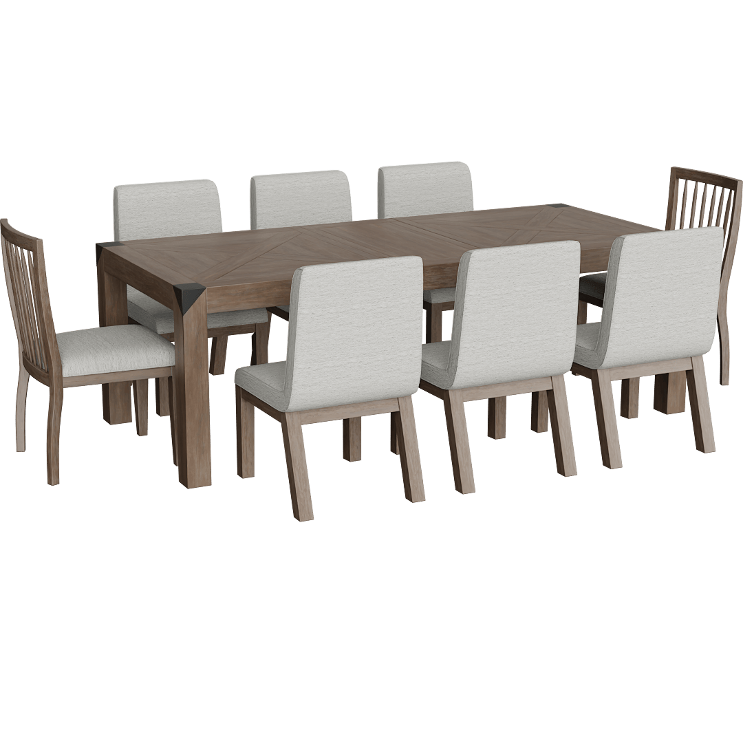 Luis Natural Rectangular 72-90 Extendable Dining Table With 6 Upholstered + 2 Wood Back Chair Set For 8, Acacia, Parsons