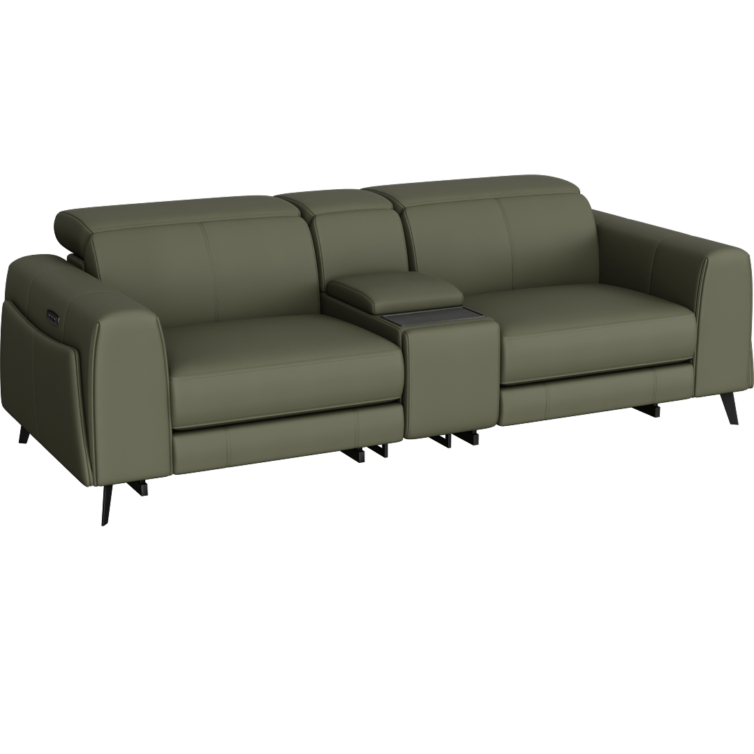 Cullen Leather 91" 3 Piece Power Zero Gravity Reclining Modular Console Loveseat With Power Headrest Storage Hidden Cupholders Wireless Charging & USB, Olive Green
