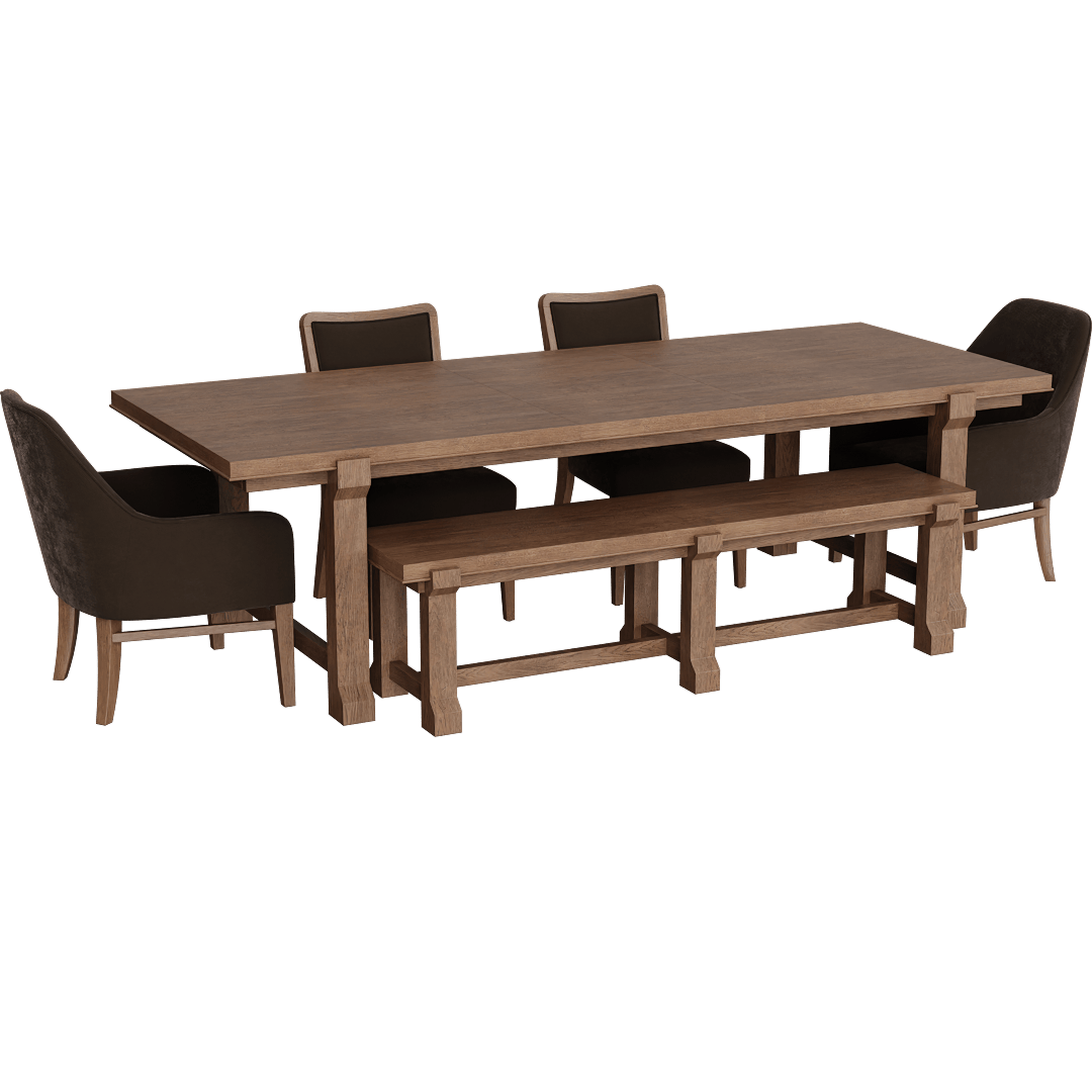 Estate Brown Wood 80"-104" Extendable Dining W Bench Uph Host + Uph Side Chair Set For 6 By Nate Berkus + Jeremiah Brent, Rectangular