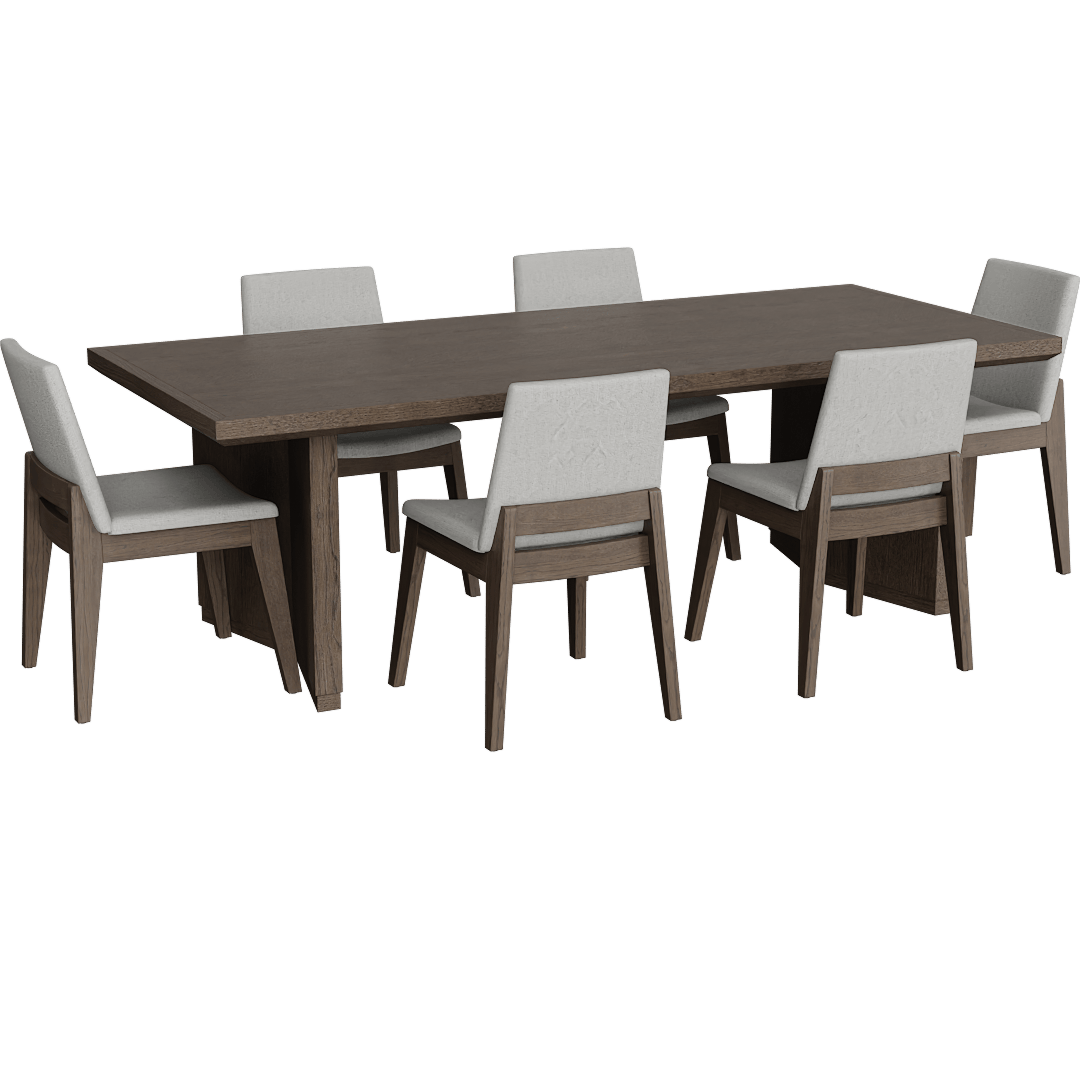 Voyage Brown Wood 94" Trestle Dining With Upholstered Dining Chair Set For 6 By Nate Berkus + Jeremiah Brent, Rectangular