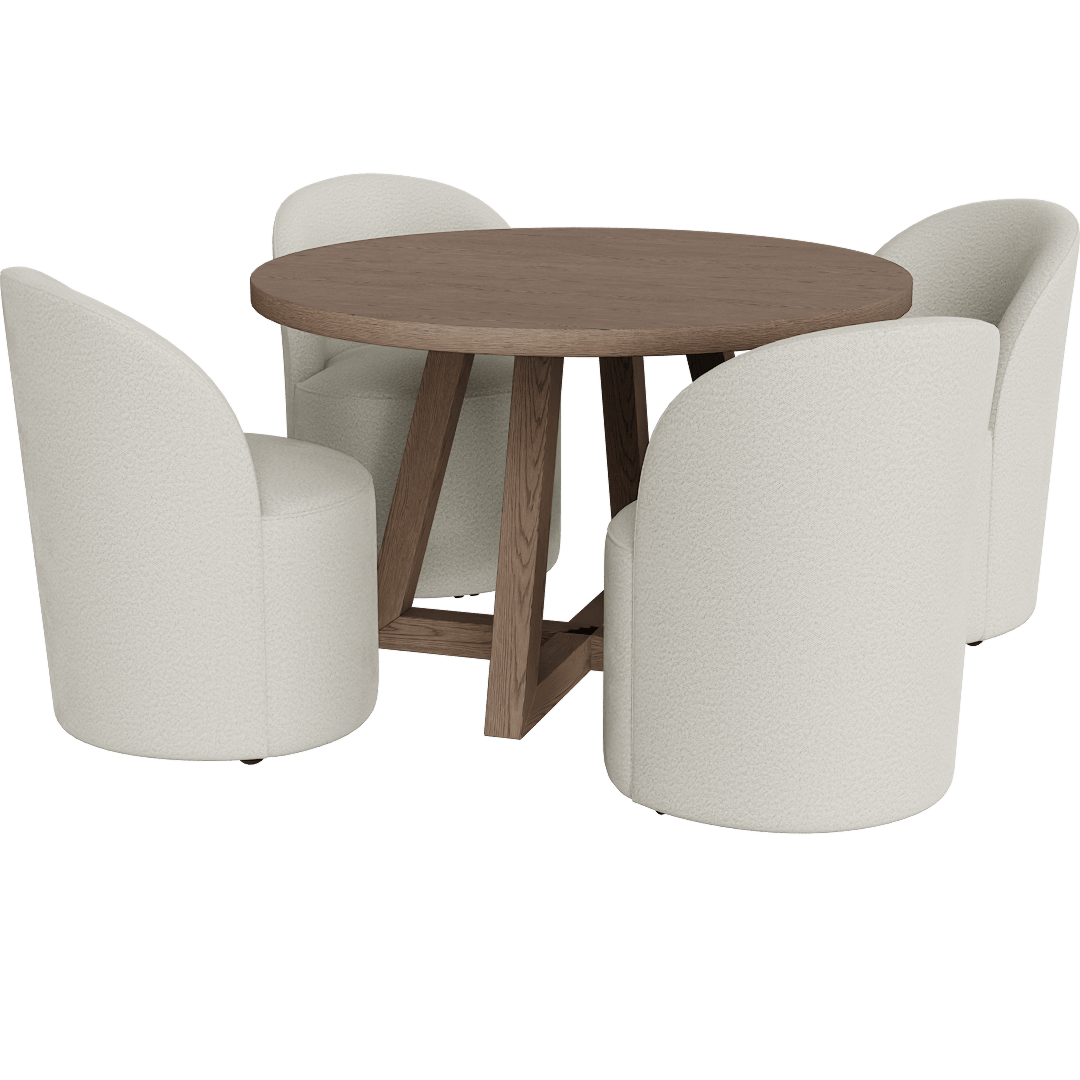 Lakeland Natural Brown Wood 48 Round Kitchen Pedestal Dining Table With Mira II Modern Barrel Back White Boucle Dining Chair With Wheels Set For 4