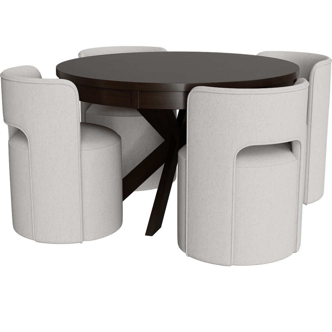 Pollie Brown Farmhouse Wood 48 Round Pedestal Dining Table With Mika Cream Upholstered Cut Out Curved Back Barrel Dining Chair With Wheels Set For 4