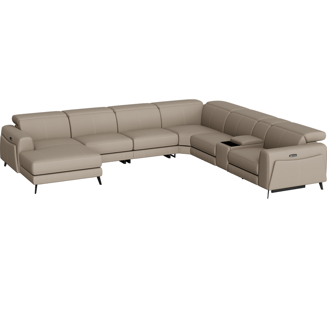 Cullen 156 7 Piece Power Zero Gravity Reclining Modular Sectional With Console Left Arm Facing Chaise Power Headrest Storage Hidden Cupholders Wireless Charging & USB, Taupe Beige Leather