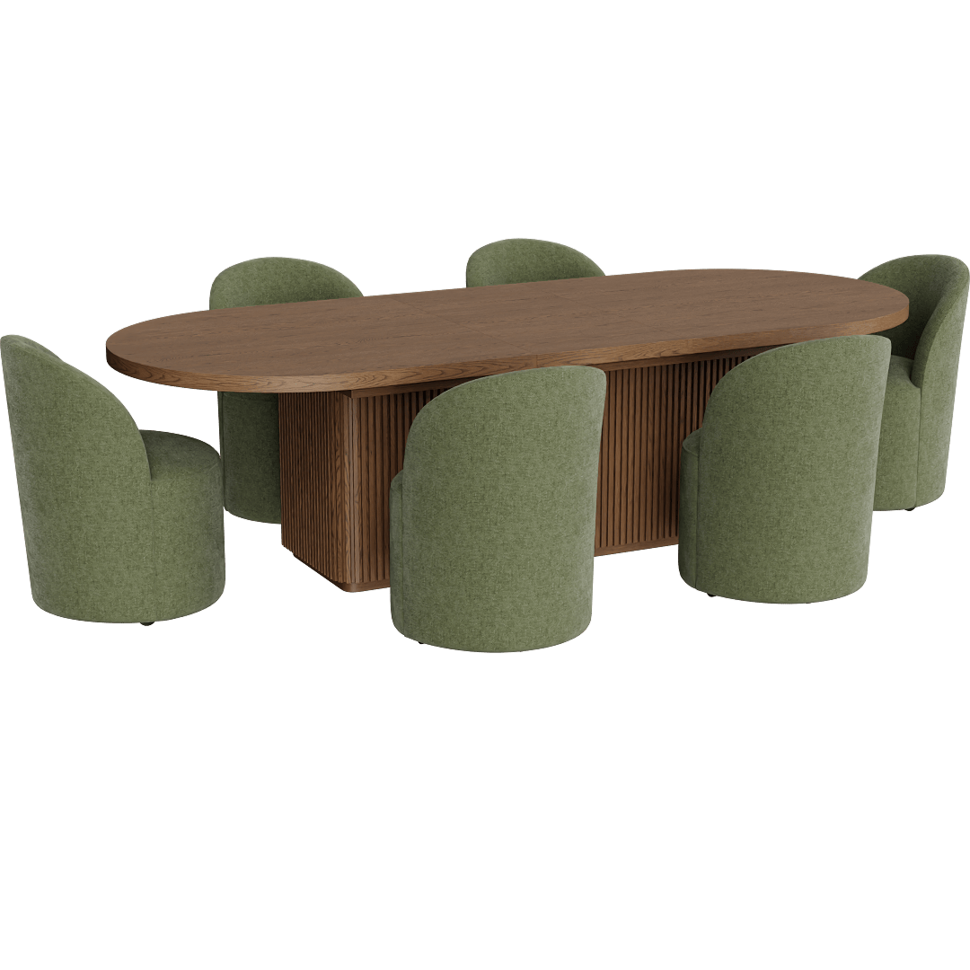 Kissa Brown Wood 90-108 Oval Extendable Reeded Plinth Base Dining Table With Mira Olive Modern Barrel Back Dining Chair With Wheels Set For 6