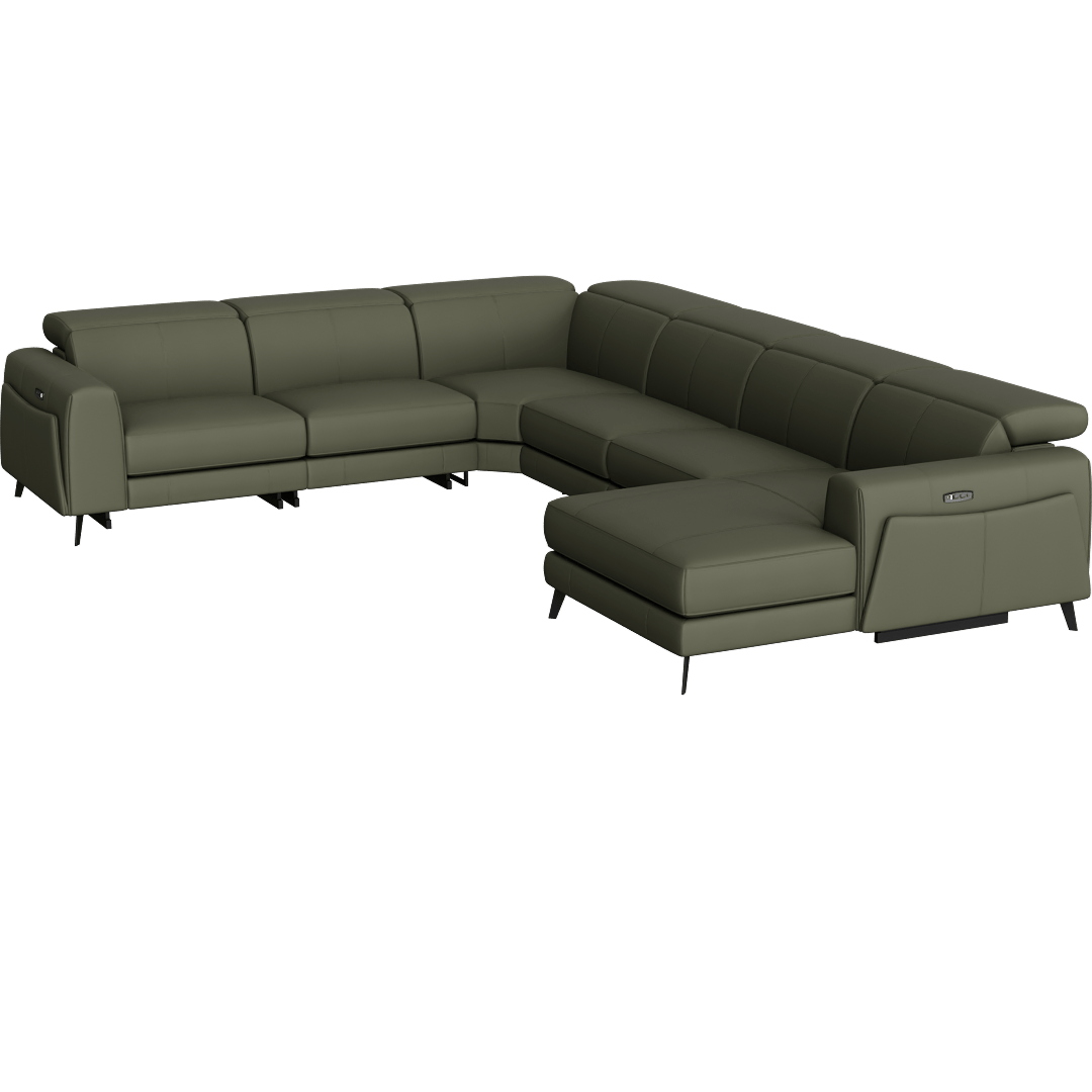 Cullen 143 6 Piece Power Zero Gravity Reclining Modular Sectional With 2 Armless Chairs Right Arm Facing Chaise Power Headrest Storage Hidden Cupholders & USB, Olive Green Leather