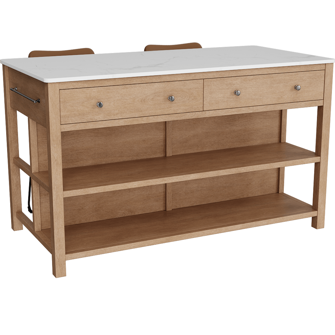 Kenna Natural Solid Pine + White Stone Faux Marble Kitchen Island And 2 Cobbler II 26" Counter Height Stools With Back, Cognac