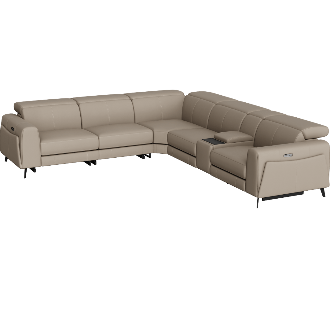 Cullen Taupe Beige Leather 127" 6 Piece Power Zero Gravity Reclining Modular Sectional With Console Power Headrest Storage Hidden Cupholders Wireless Charging & USB