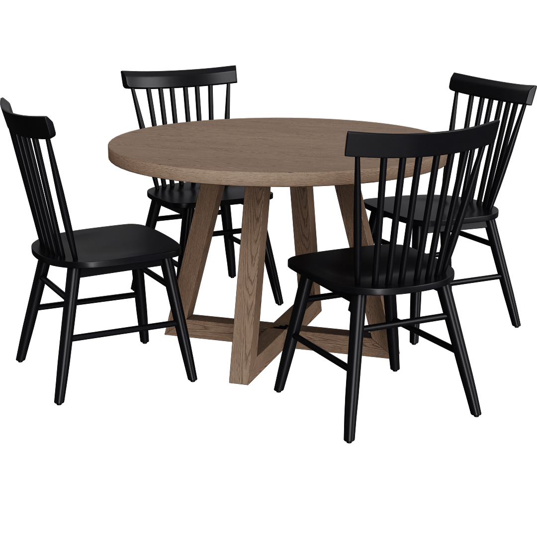 Lakeland Natural Brown Wood 48 Round Kitchen Pedestal Dining Table With Renn Black Spindle Back Dining Chair Set For 4
