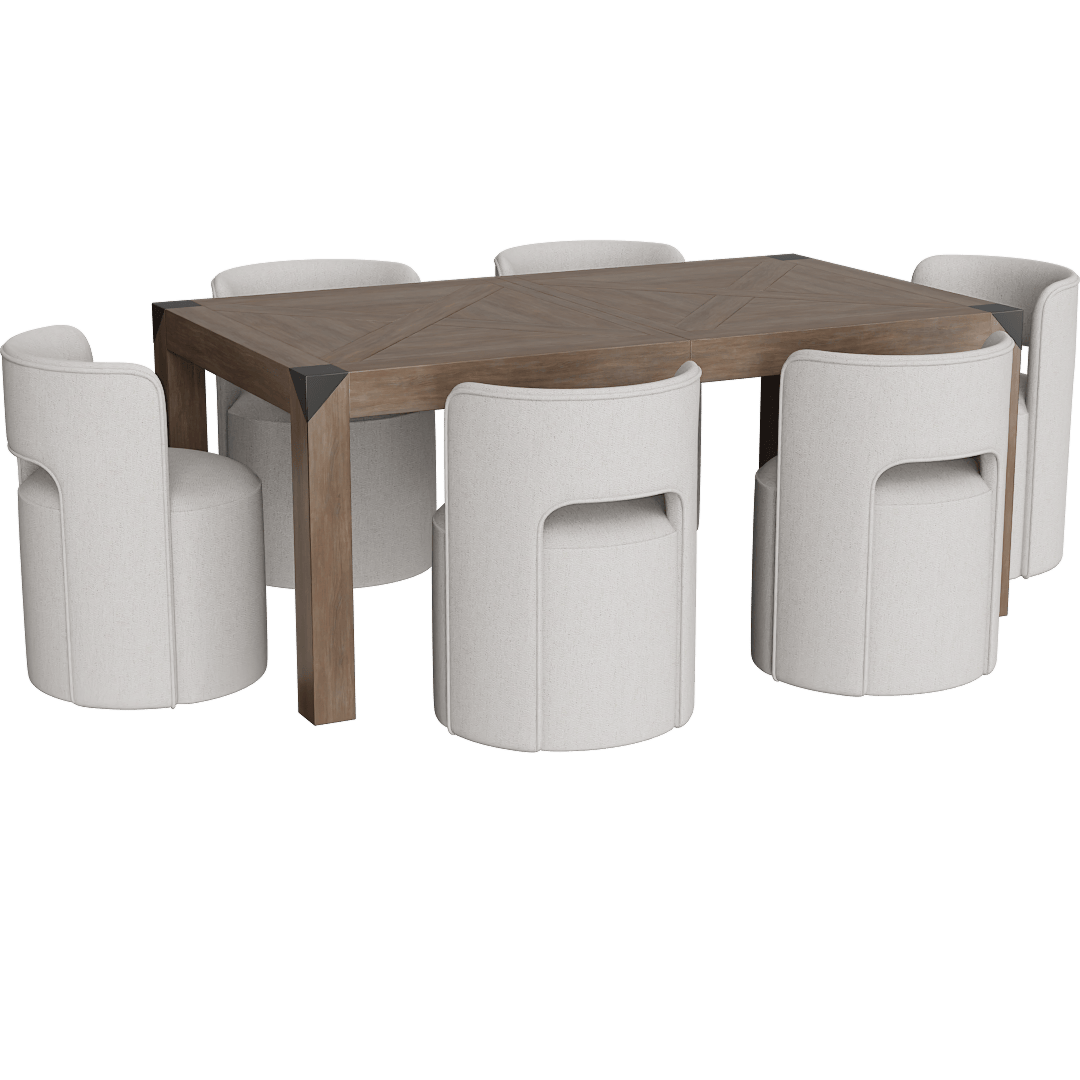 Luis Natural Beige Wood Rectangular 72-90 Extendable Dining Table With Metal Cap With Mika Cream Upholstered Cut Out Curved Back Barrel Dining Chair With Wheels Set For 6