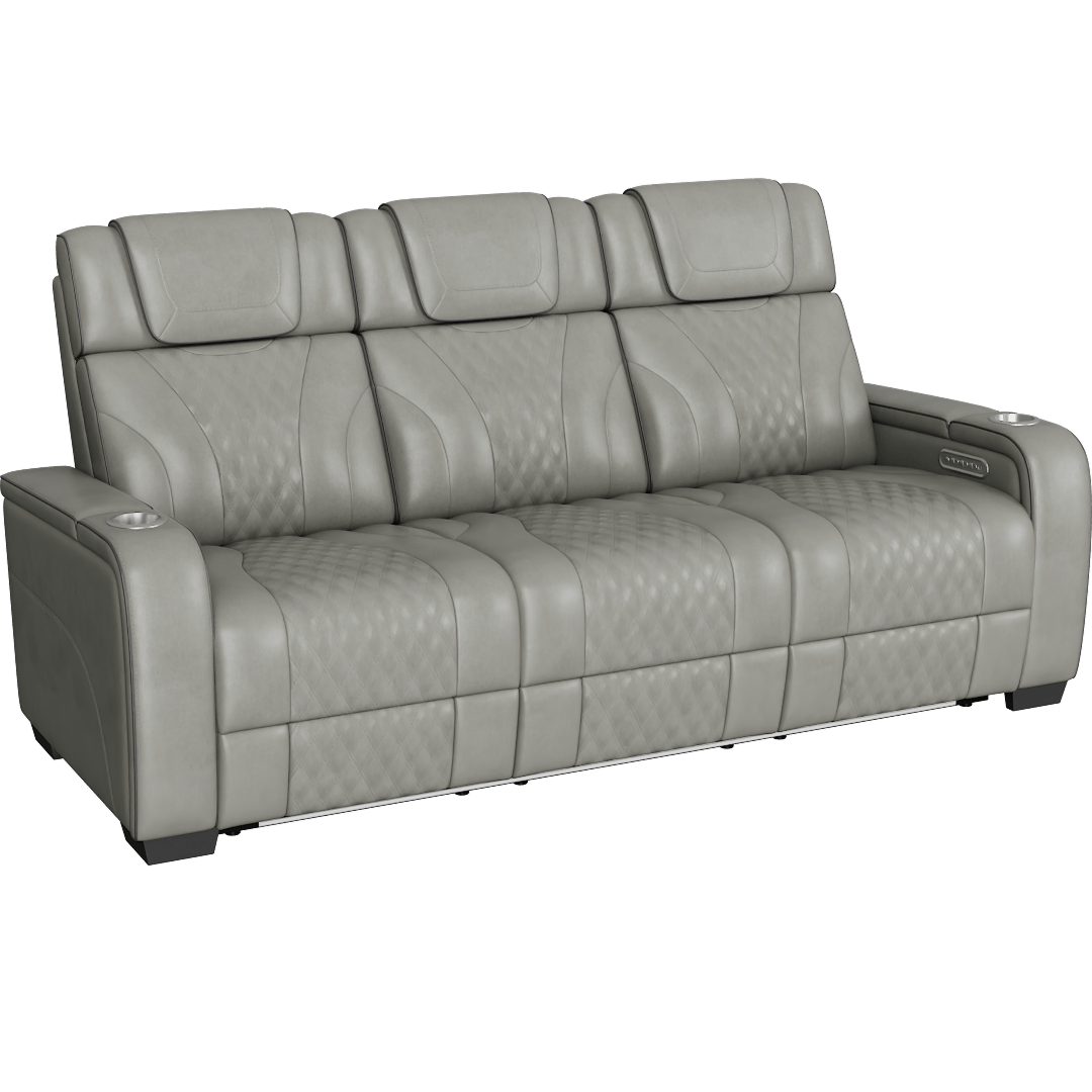Greeley Grey Leather 84.5 Power Double Reclining Sofa With Center Drop-Down Cup Holders Power Headrests Storage Arms With Cup Holders Reading Lights Wireless Charger Air Massage And Heat Led Lighting And Charging Ports