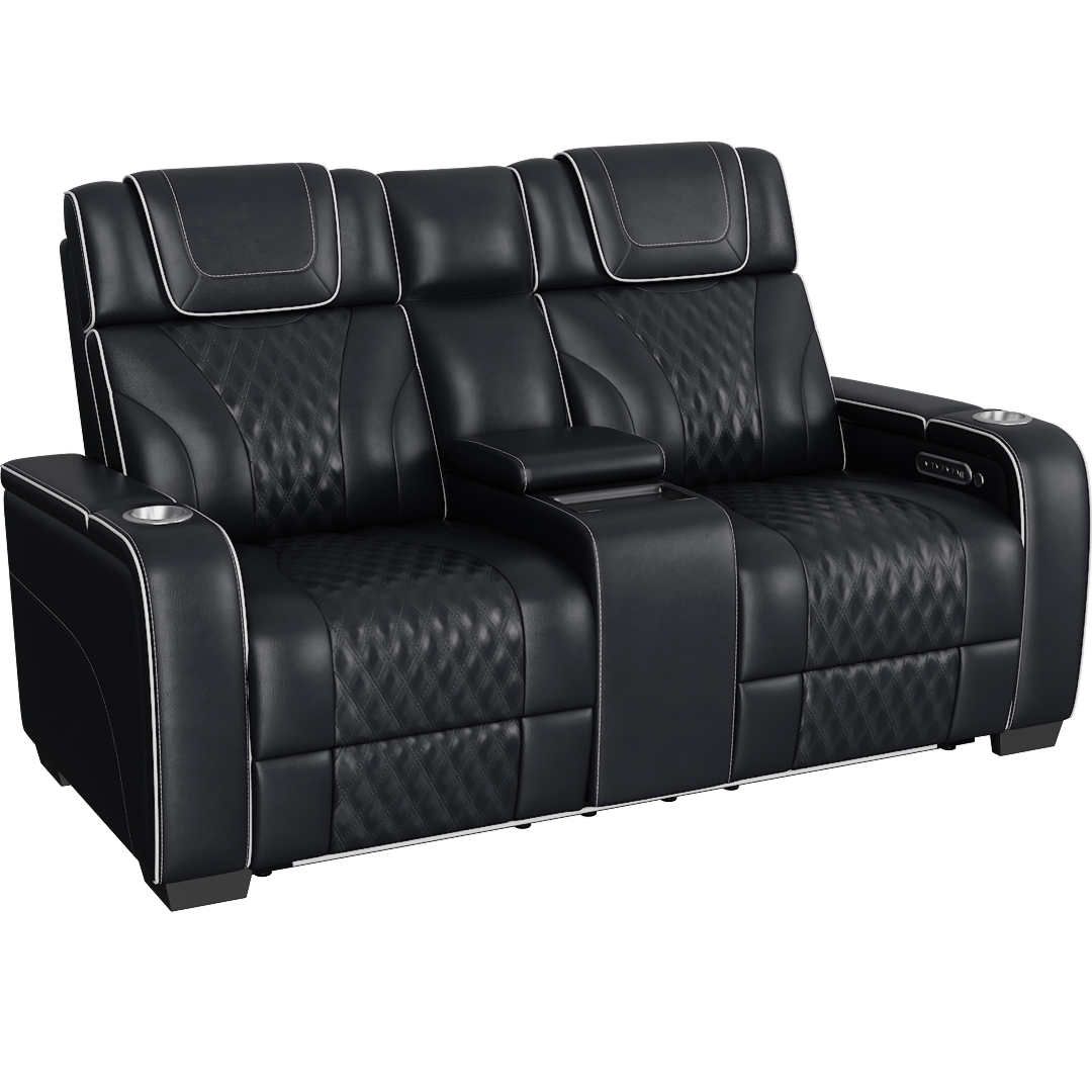 Greeley Black Leather 72 Power Double Reclining Love Seat With Center Console Power Headrests Storage Arms With Cup Holders Wireless Charger Air Massage And Heat Led Lighting And Charging Ports