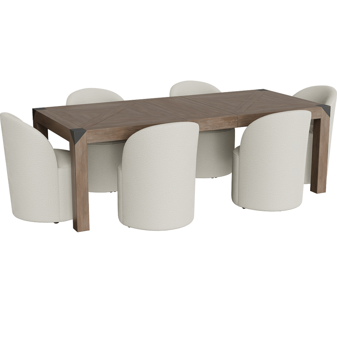 Luis Natural Beige Wood Rectangular 72-90 Extendable Dining Table With Metal Cap With Mira II Modern Barrel Back White Boucle Dining Chair With Wheels Set For 6