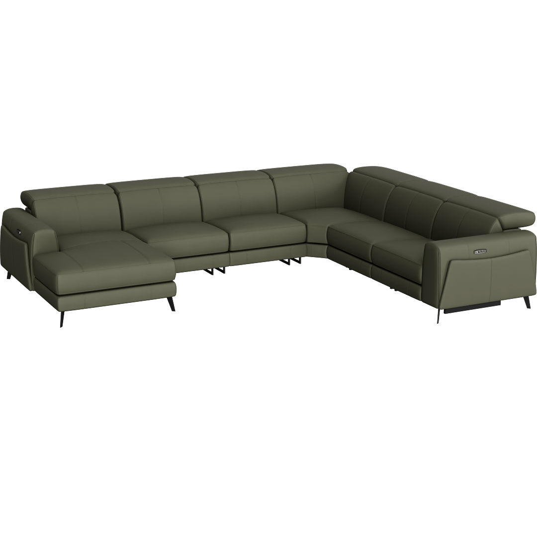 Cullen Leather 143" 6 Piece Power Zero Gravity Reclining Modular Sectional With 2 Armless Chairs Left Arm Facing Chaise Power Headrest Storage Hidden Cupholders & USB, Olive Green