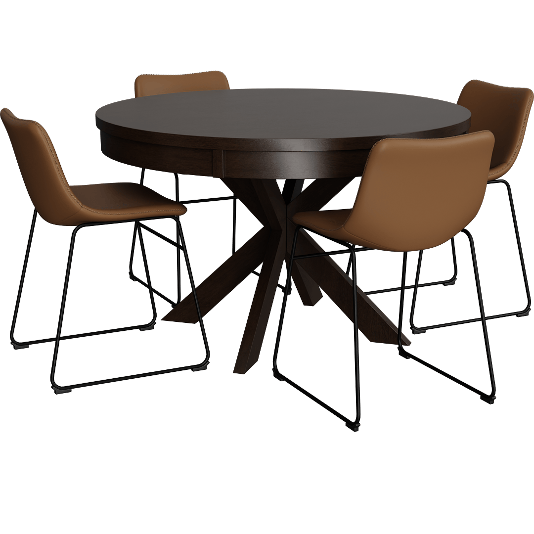 Pollie Brown Farmhouse Wood 48 Round Pedestal Dining Table With Cobbler Mocha Faux Leather Bucket Seat With Baseball Stitch Dining Side Chair Set For 4