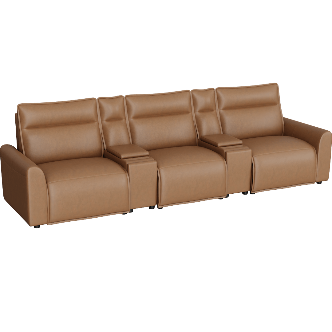 Trenton 143" 5 Piece Power Reclining Modular Home Theater Sectional with Power Headrest Wireless Charging Storage Pop Out Cupholders & USB, Brown Saddle Leather