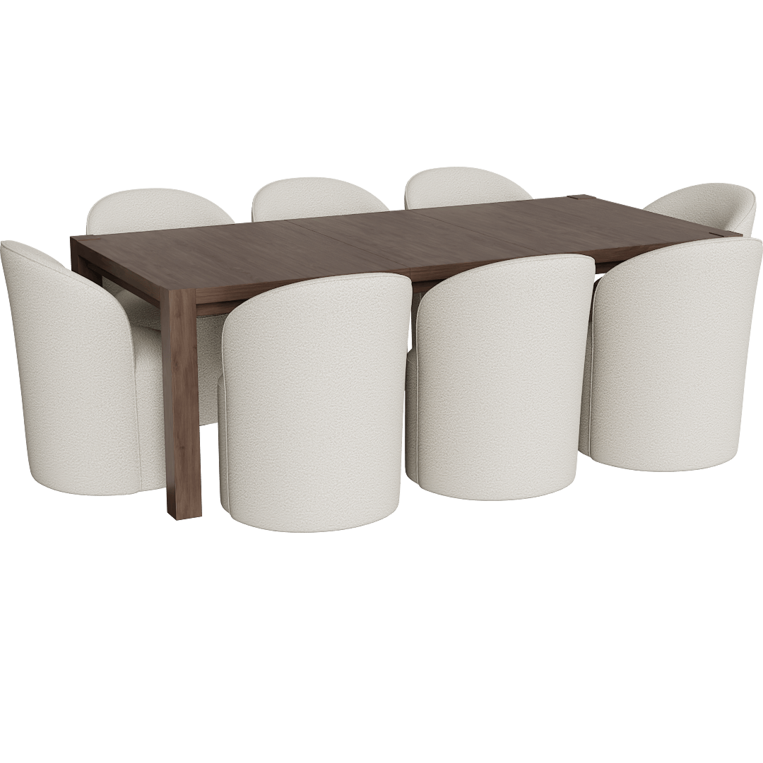 Sawyer Brown Walnut Wood 68-88'' Extendable Rectangular Parsons Dining Table With Mira II Modern Barrel Back White Boucle Dining Chair With Wheels Set For 8