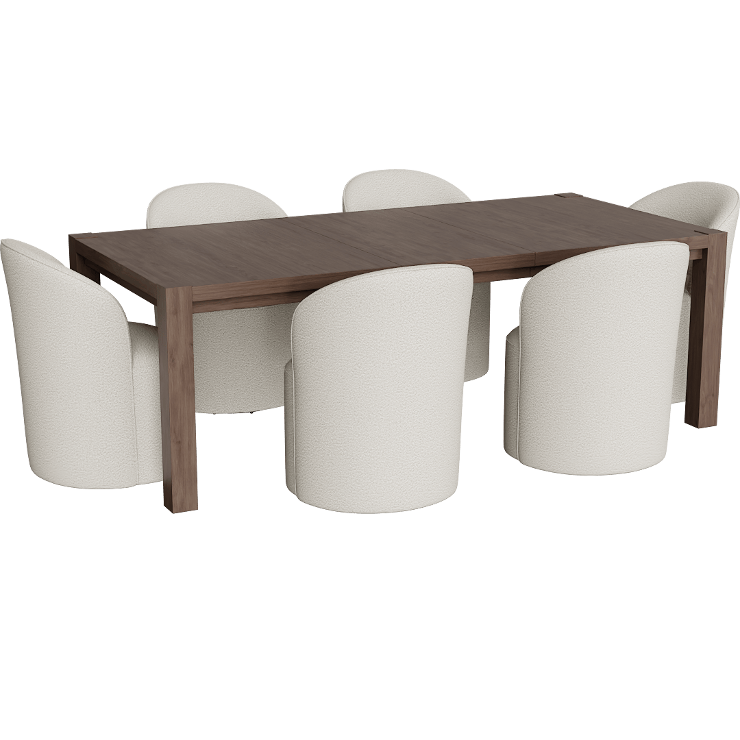 Sawyer Brown Walnut Wood 68-88'' Extendable Rectangular Parsons Dining Table With Mira II Modern Barrel Back White Boucle Dining Chair With Wheels Set For 6