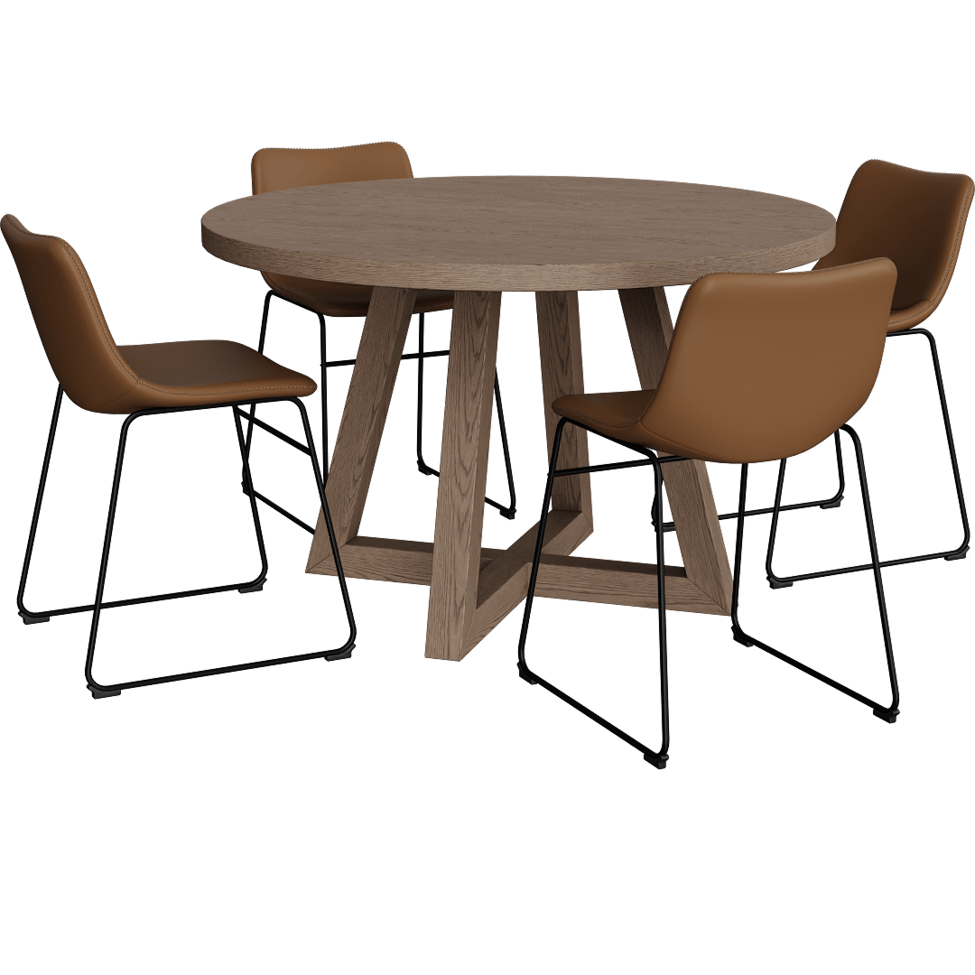 Lakeland Natural Brown Wood 48 Round Kitchen Pedestal Dining Table With Cobbler Mocha Faux Leather Bucket Seat With Baseball Stitch Dining Side Chair Set For 4