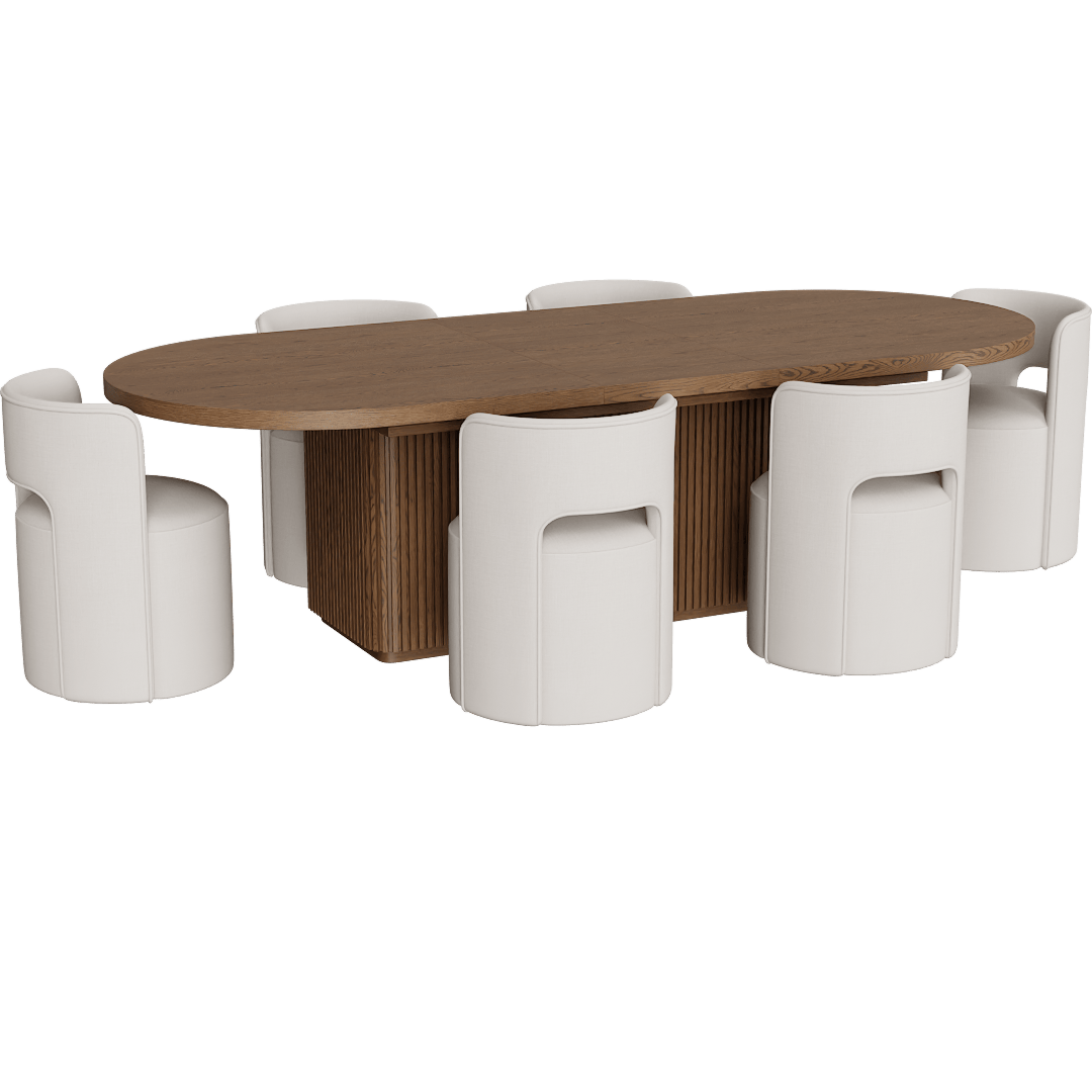 Kissa Brown Wood 90-108 Oval Extendable Reeded Plinth Base Dining Table With Mika Cream Upholstered Cut Out Curved Back Barrel Dining Chair With Wheels Set For 6