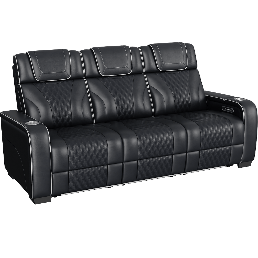 Greeley Black Leather 84.5 Power Double Reclining Sofa With Center Drop-Down Cup Holders Power Headrests Storage Arms With Cup Holders Reading Lights Wireless Charger Air Massage And Heat Led Lighting And Charging Ports