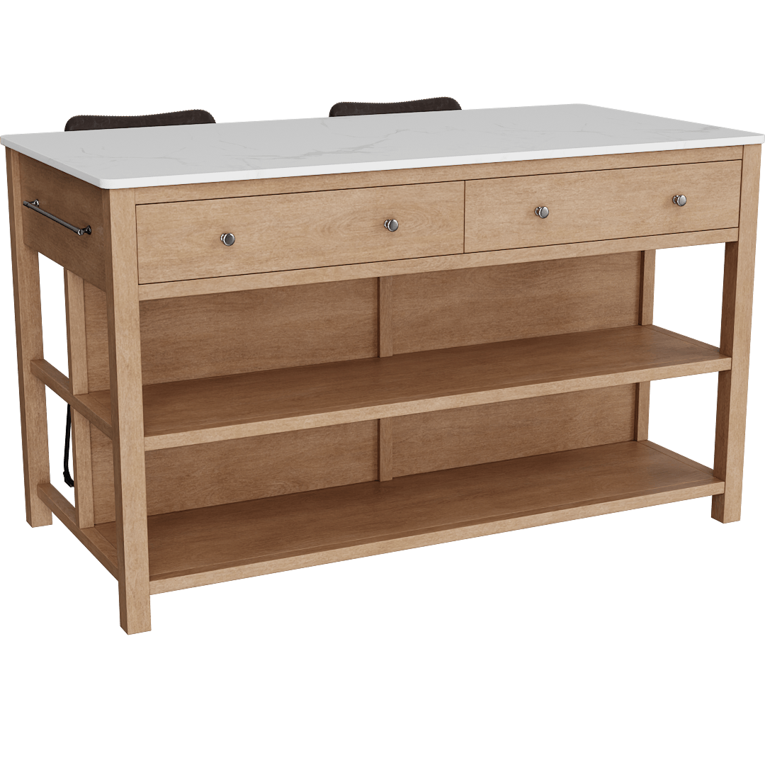 Kenna Natural Solid Pine + White Stone Faux Marble Kitchen Island And 2 Cobbler II 26" Counter Height Stools With Back, Brown