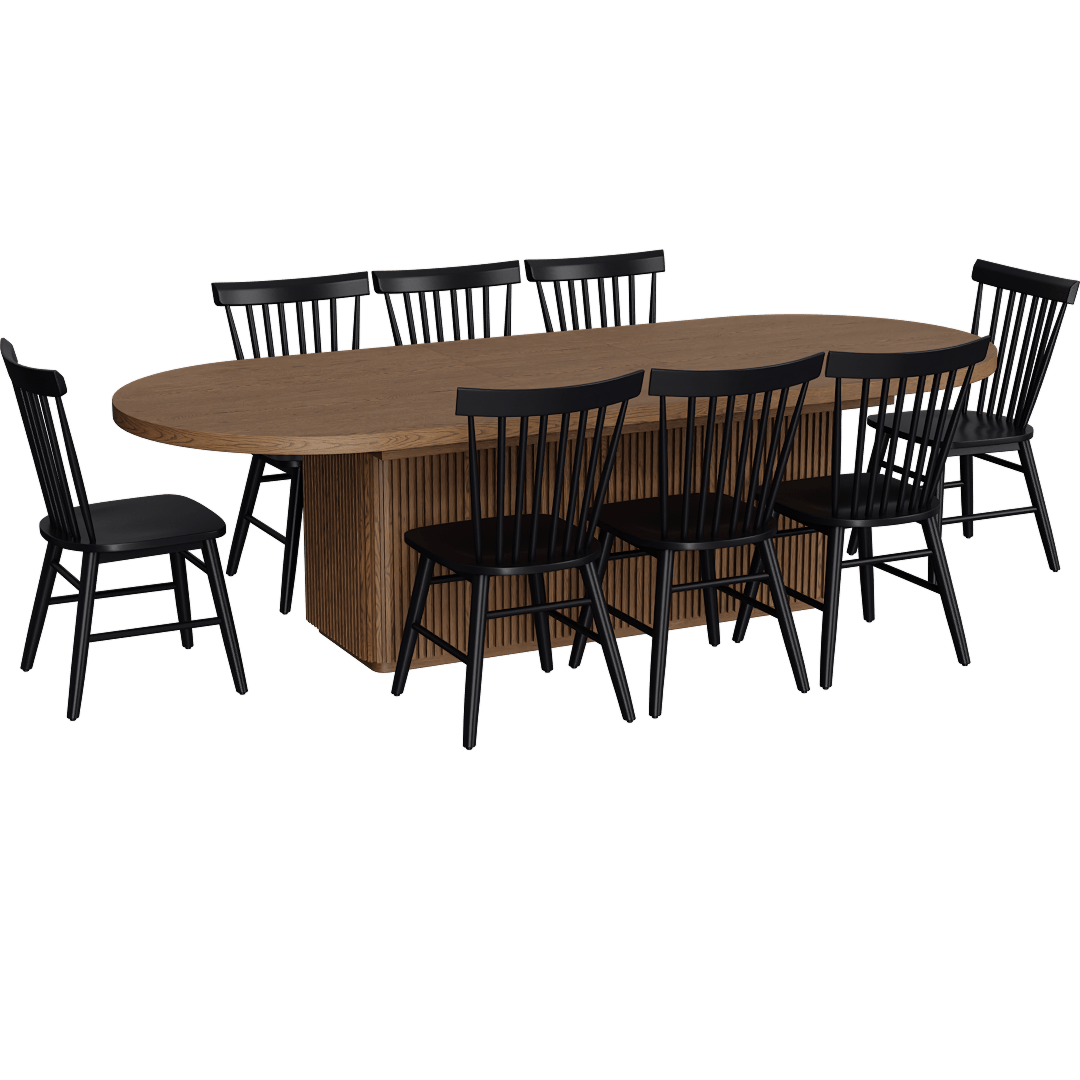 Kissa Brown Wood 90-108 Oval Extendable Reeded Plinth Base Dining Table With Renn Black Spindle Back Dining Chair Set For 8