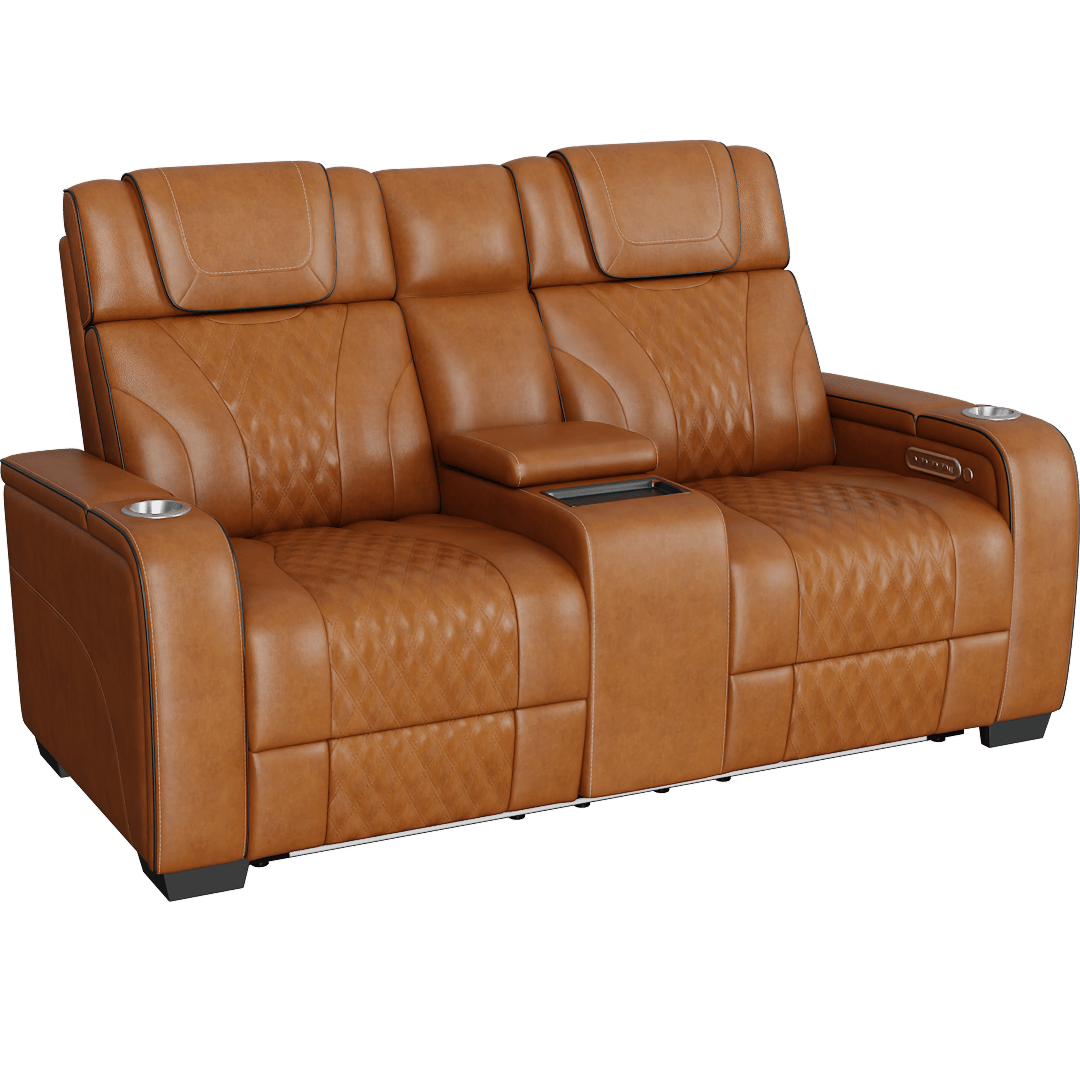Greeley Brown Leather 72 Power Double Reclining Love Seat With Center Console Power Headrests Storage Arms With Cup Holders Wireless Charger Air Massage And Heat Led Lighting And Charging Ports