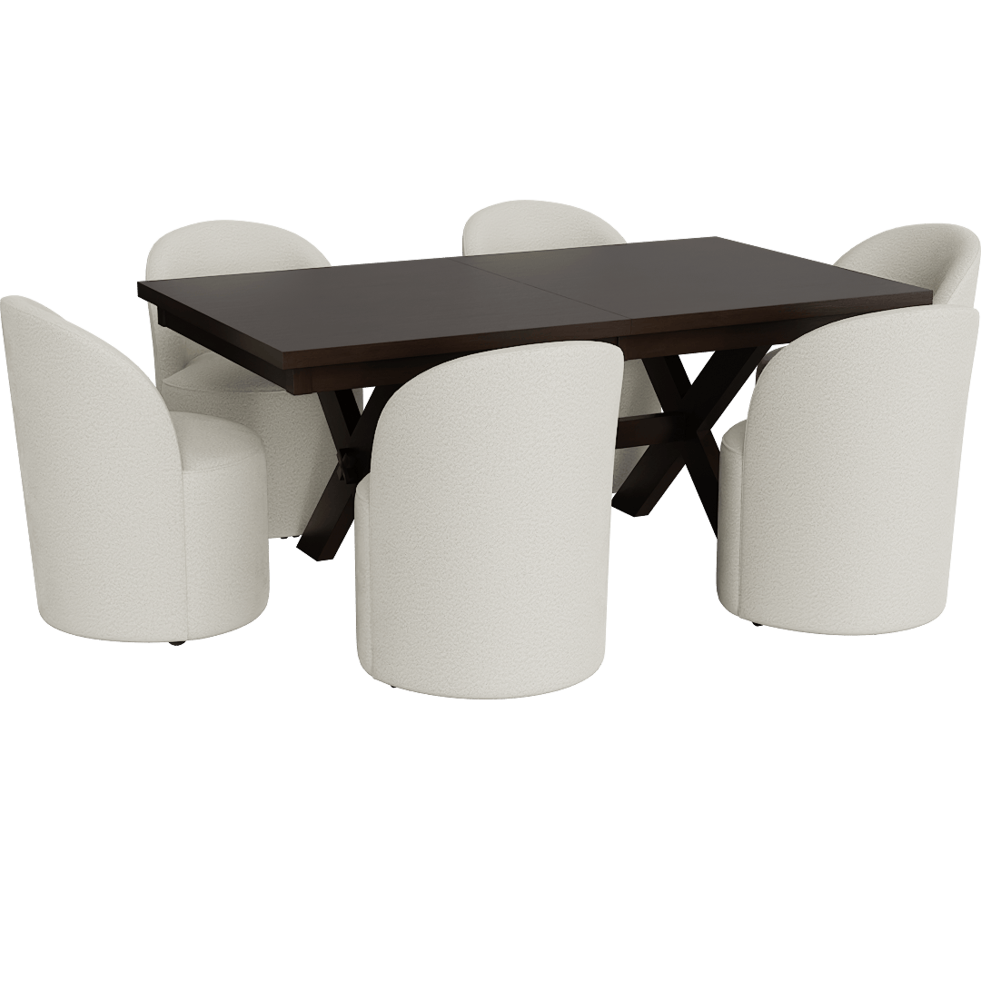 Pollie Brown Rectangular 72-90 Extendable Dining Table With Mira II Modern Barrel Back White Boucle Dining Chair With Wheels Set For 6