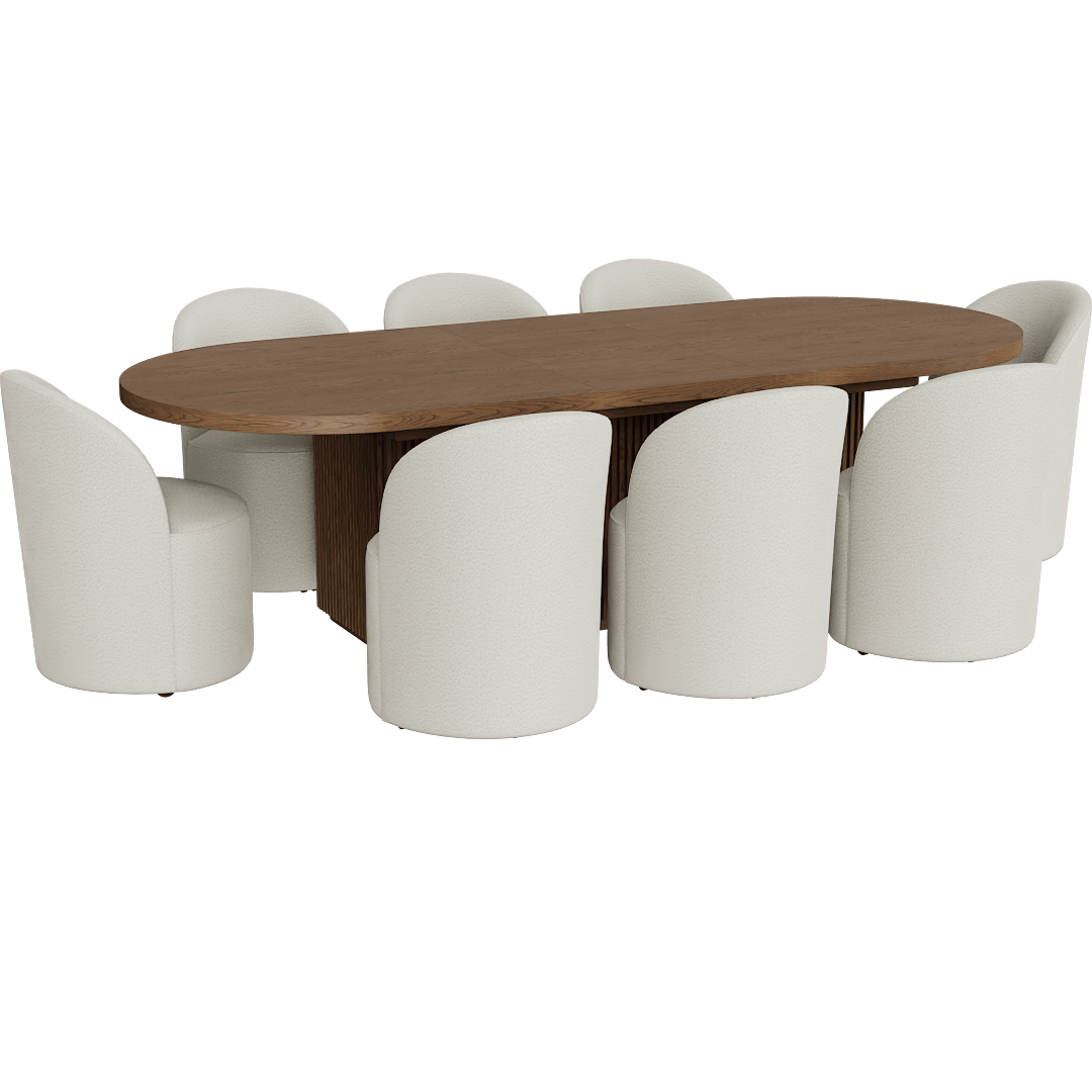Kissa Brown Wood 90-108 Oval Extendable Reeded Plinth Base Dining Table With Mira II Modern Barrel Back White Boucle Dining Chair With Wheels Set For 8