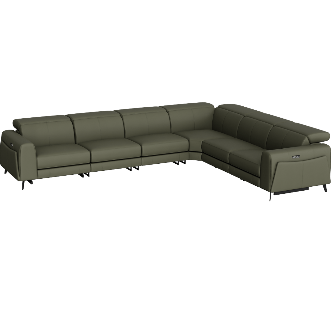Cullen Leather 143" 6 Piece Power Zero Gravity Reclining Modular Sectional With Armless Chair Power Headrest Storage Hidden Cupholders & USB, Olive Green