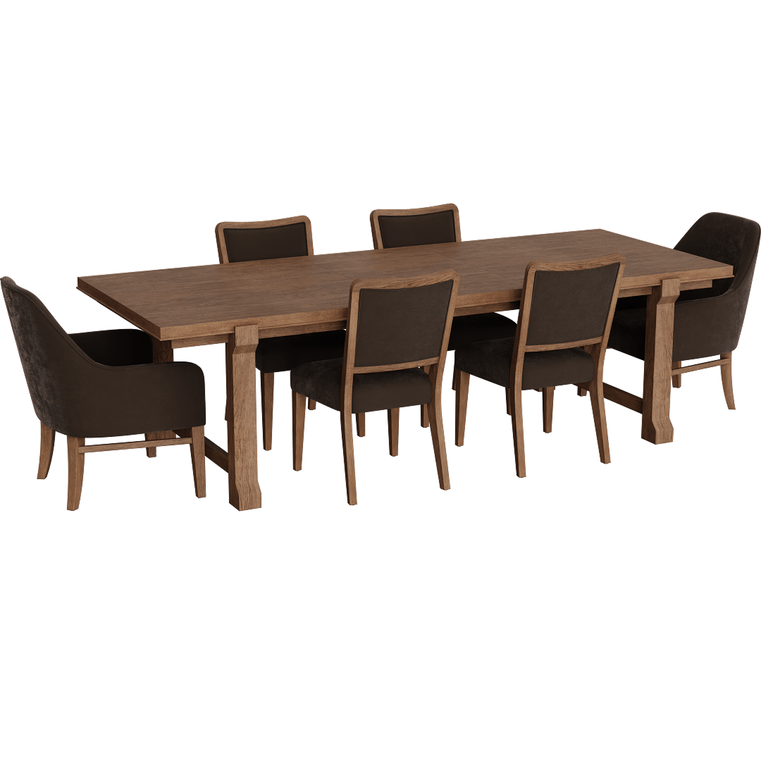 Estate Brown Wood 80"-104" Extendable Dining W/ Uph Host + Uph Side Chair Set For 6 By Nate Berkus + Jeremiah Brent, Rectangle