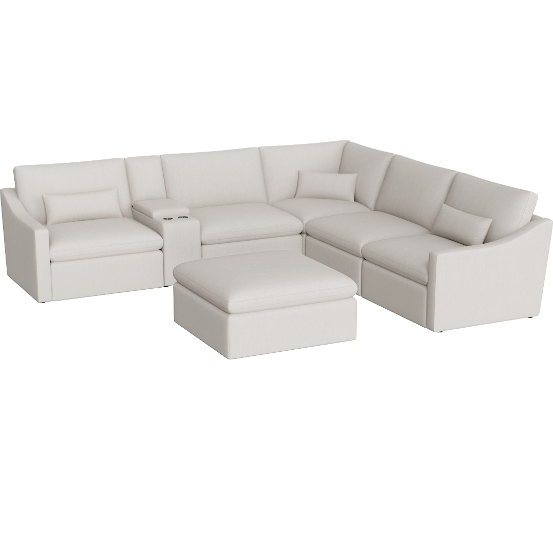 Kennedy Cream 134 6 Piece Power Reclining L-Shaped Modular Sectional with 3 Power Recliners Console Storage Cupholders USB & Ottoman