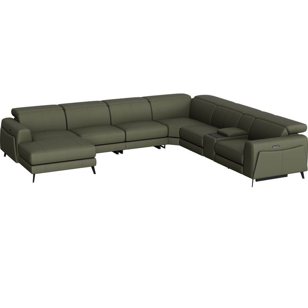 Cullen Leather 156" 7 Piece Power Zero Gravity Reclining Modular Sectional With Console Left Arm Facing Chaise Power Headrest Storage Hidden Cupholders Wireless Charging & USB, Olive Green