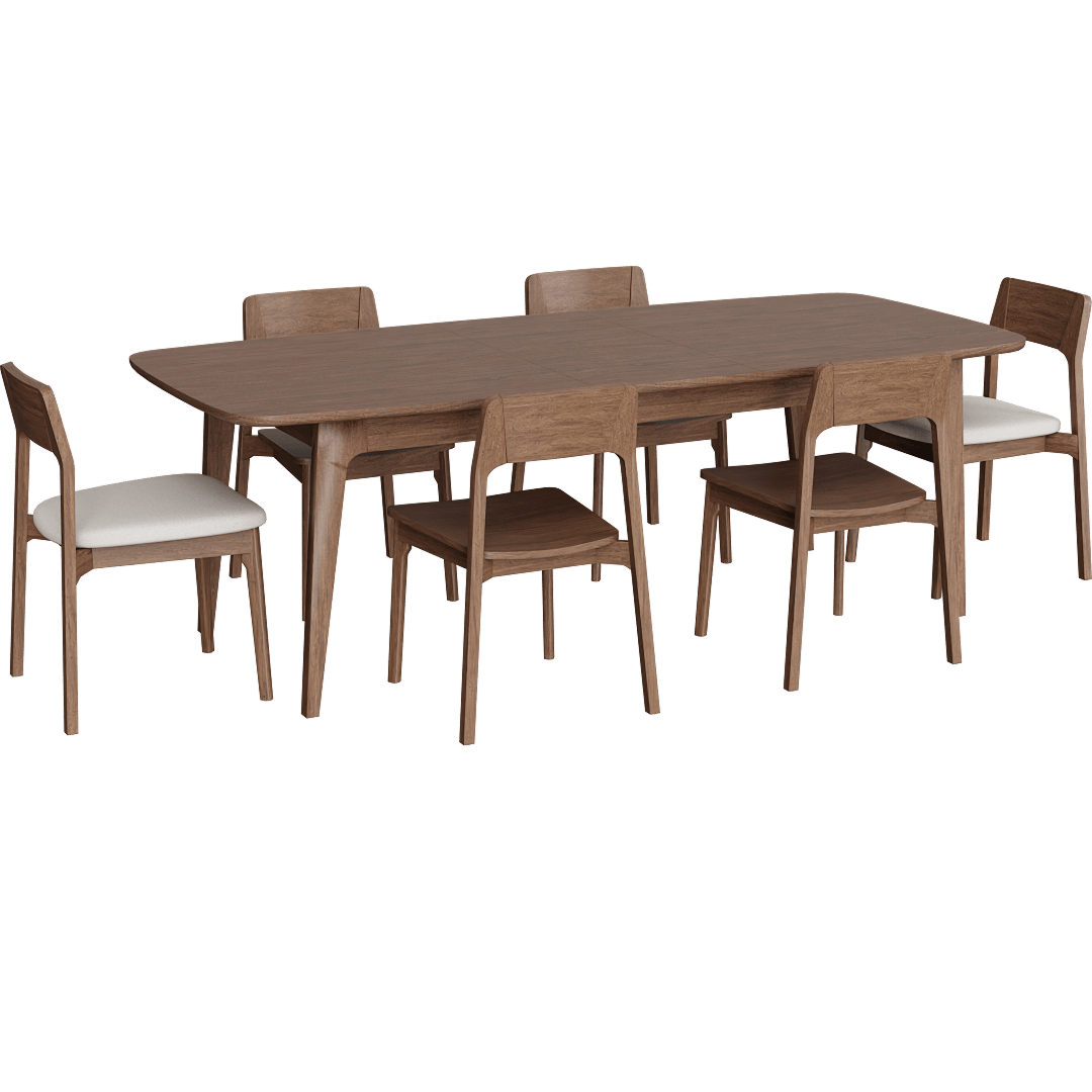 Casey Walnut Wood Self Storing Butterfly Leaf Extendable 72-90 Rectangular Dining Table With 2 Upholstered Chairs And 4 Wood Chairs