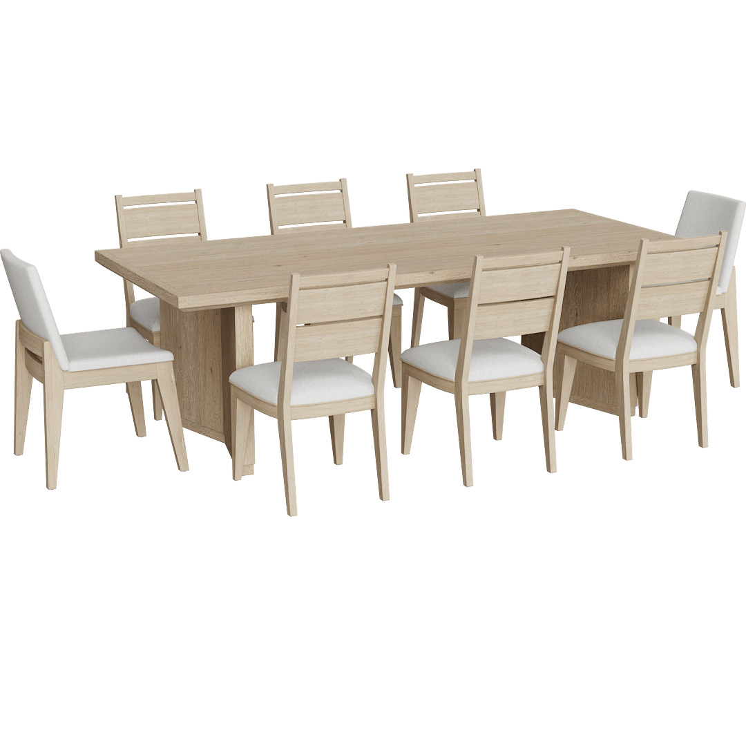 Voyage Rectangular 94" Trestle Dining Table With Wood Back + Upholstered Dining Table Chairs Set For 8 By Nate Berkus + Jeremiah Brent, Natural
